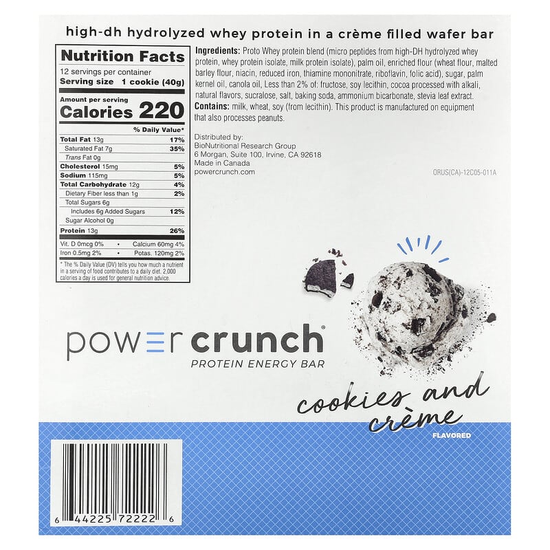 A nutrition label for Power Crunch cookies and crème flavored protein energy bar, detailing ingredients, serving size, calories, and nutritional information against a blue background.