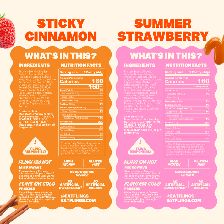 Two product labels side by side for "Sticky Cinnamon" and "Summer Strawberry" pastries, detailing ingredients, nutrition facts, and preparation instructions in a colorful, playful design.
