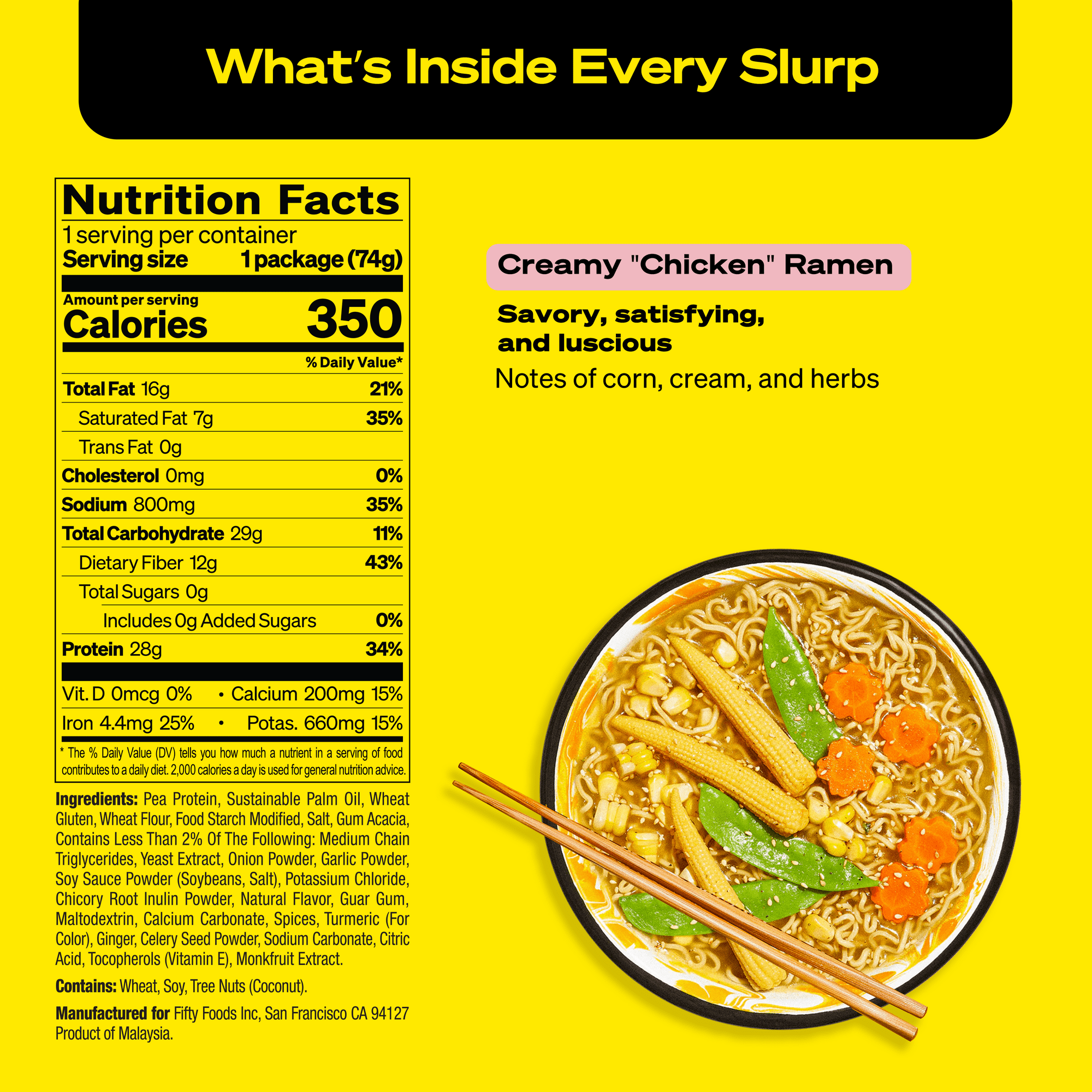 A bowl of creamy "chicken" ramen with corn, cream, and herbs is shown alongside a detailed nutrition facts label on a bright yellow background.