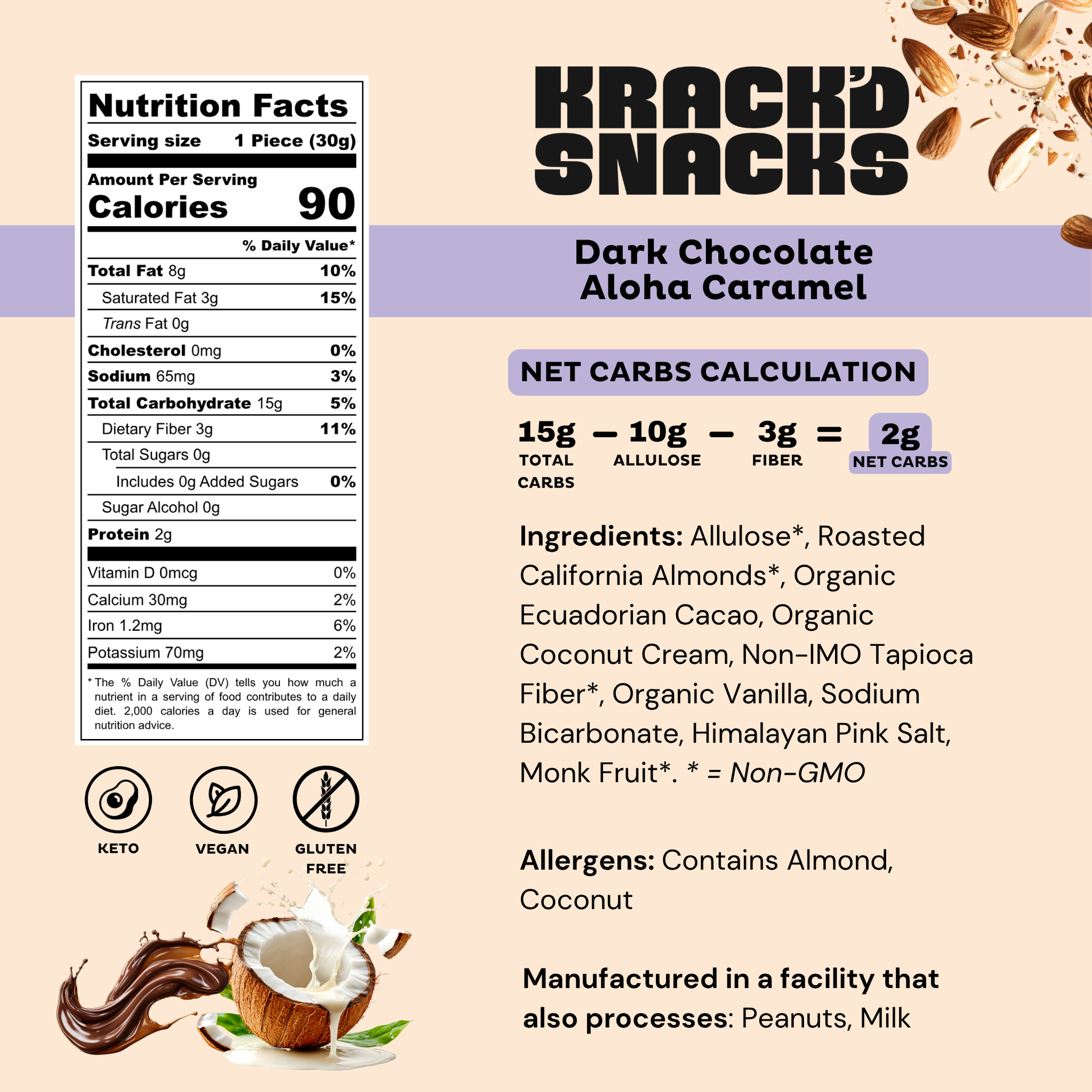 Artisan Crafted Dark Chocolate Aloha Caramel Bar by Krack'd Snacks - Coconut Caramel with California Almonds