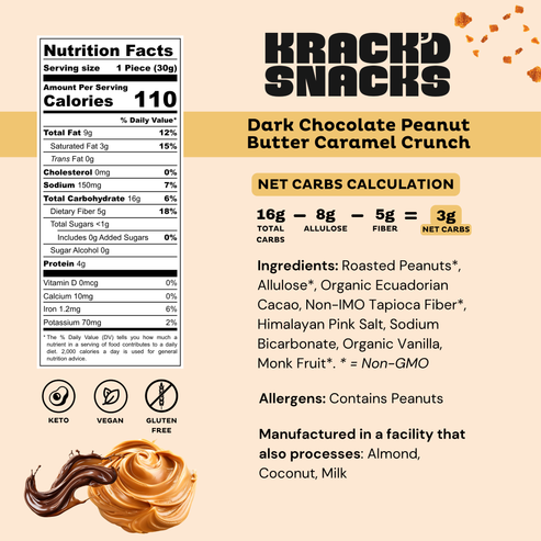 Artisan Crafted Dark Chocolate Peanut Butter Caramel Crunch by Krack'd Snacks - 75% Ecuadorian Cacao