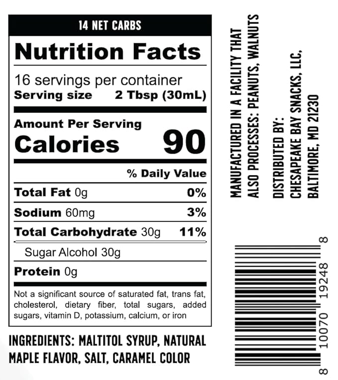 A nutrition facts label displays serving size, calories, and nutrient information, including total fat, sodium, carbohydrates, and ingredients like maltitol syrup and natural maple flavor.