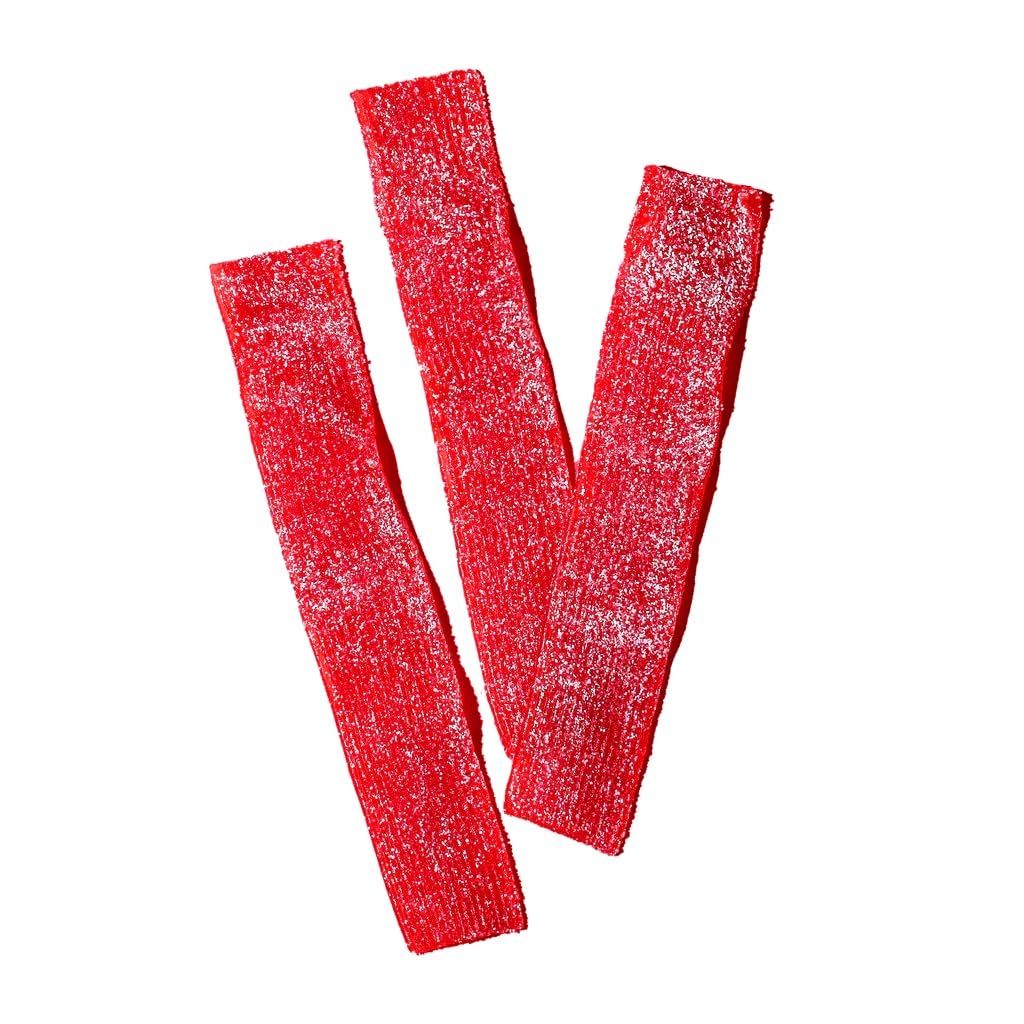 Three long, red, chewy candy strips are arranged on a white background, covered in a light dusting of sugar, suggesting a sweet and tangy flavor.