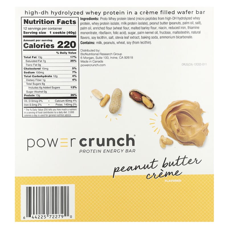 A nutrition label for Power Crunch peanut butter crème protein energy bar displays serving details, ingredients, and calorie information, accompanied by images of peanuts and peanut butter.