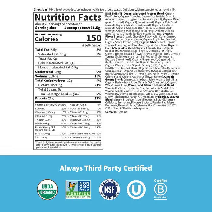 A nutrition facts label displays serving size, calories, and detailed ingredient information for an organic protein powder, emphasizing its health benefits and certifications.
