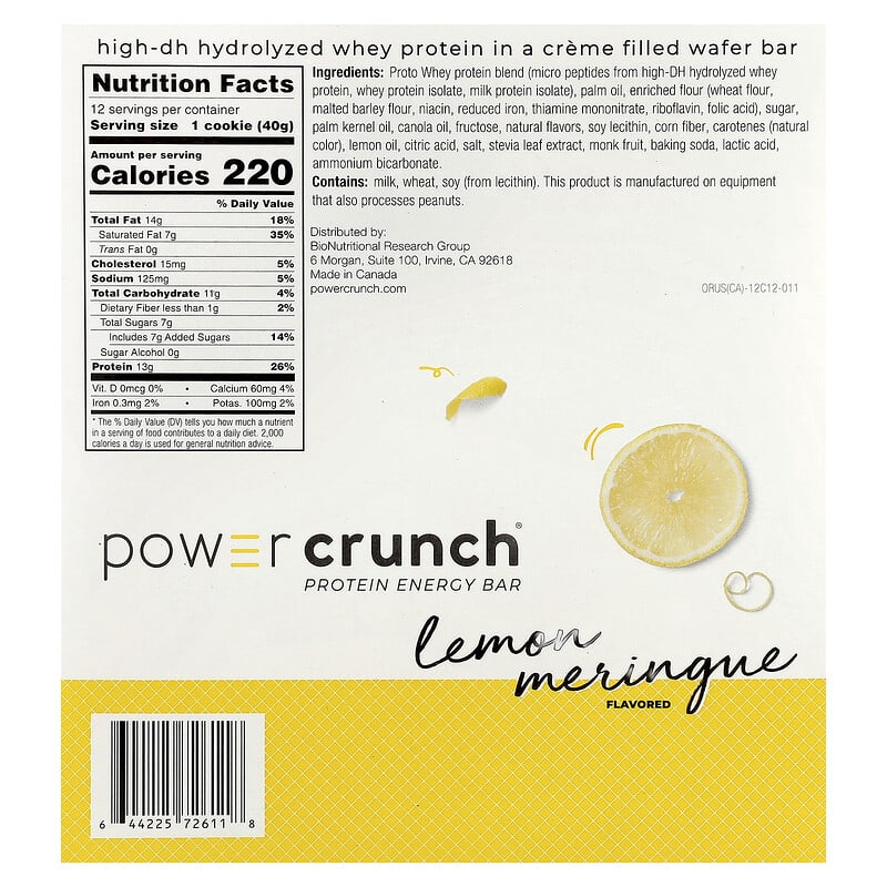 Nutrition facts label for Power Crunch Lemon Meringue protein energy bar, featuring details on ingredients, calories, and nutritional content against a white and yellow background.