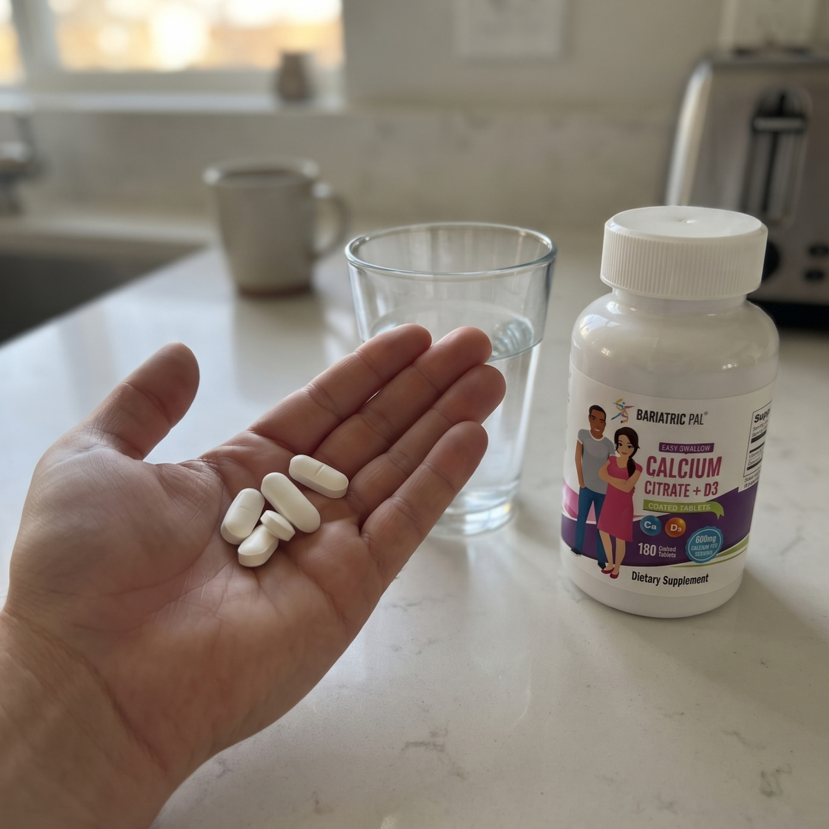 BariatricPal Easy Swallow Calcium Citrate + D3 with 600 mg of calcium per serving. Coated tablets can be taken without food; 180-count bottle.