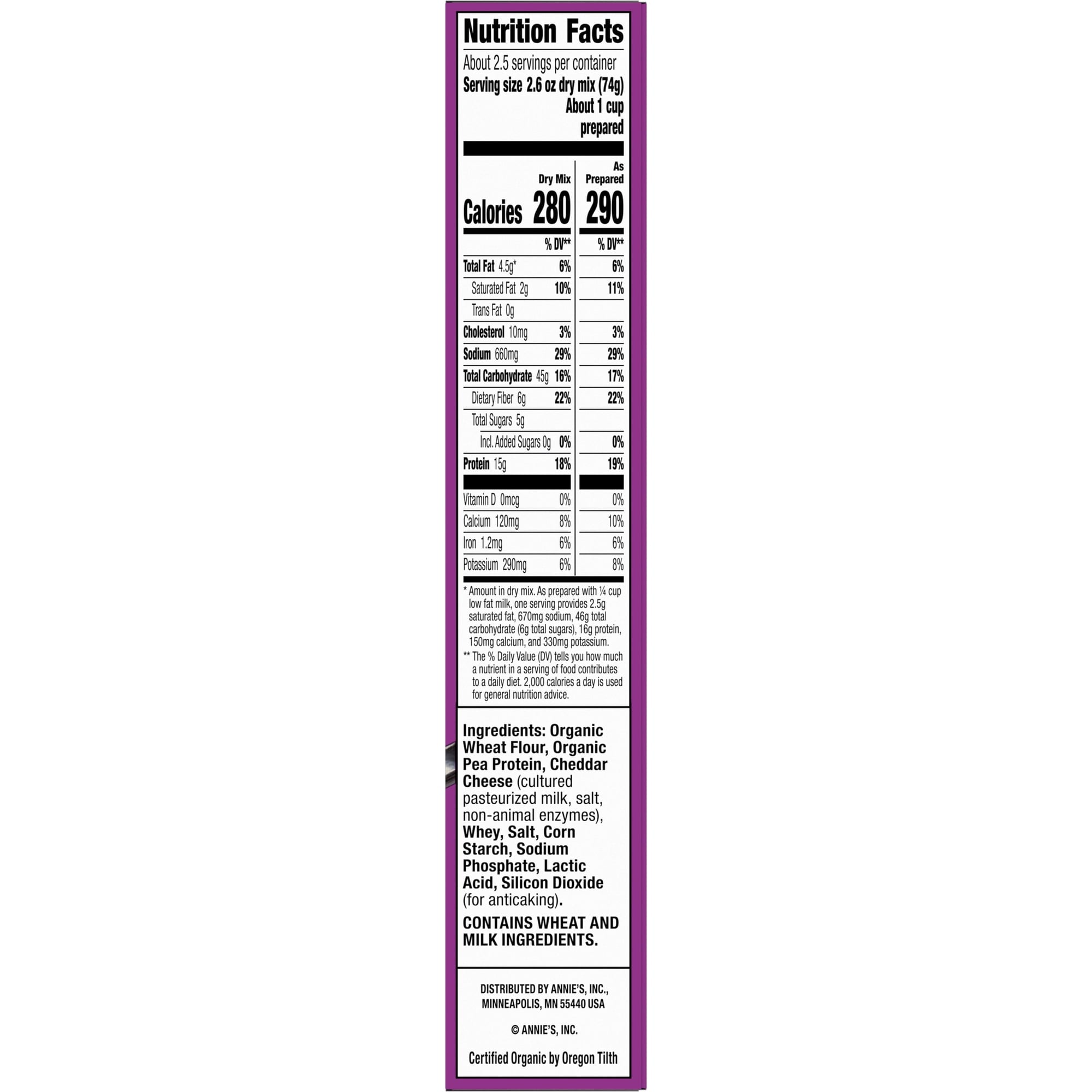 Nutrition facts label for a dry mix product, detailing serving size, calories, and nutrient content, including ingredients like organic wheat flour and cheddar cheese, highlighted in a purple box.