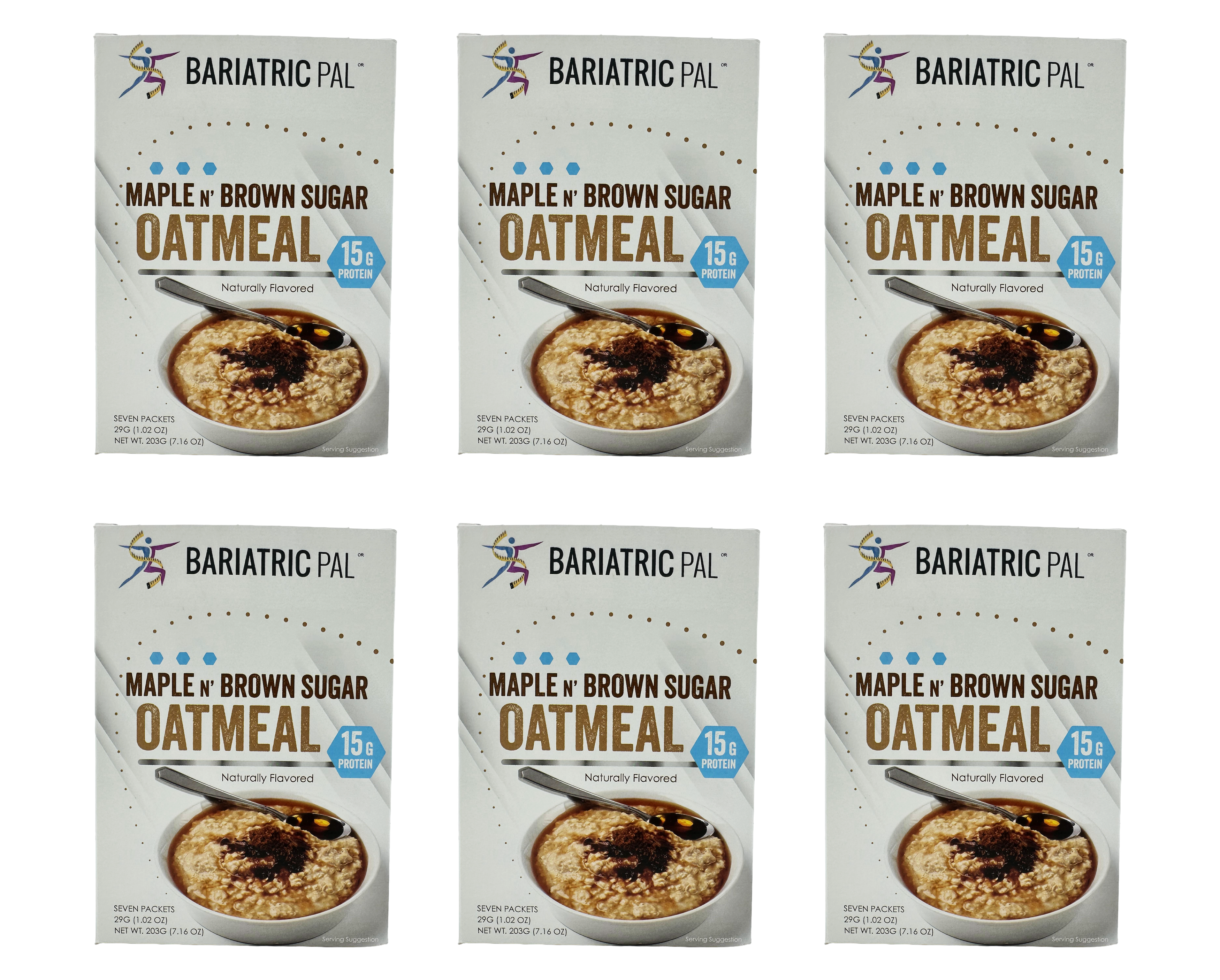 Six boxes of Bariatric Pal Maple n' Brown Sugar Oatmeal are displayed, each featuring a bowl of oatmeal with a drizzle of syrup and highlighting 15 grams of protein per serving.