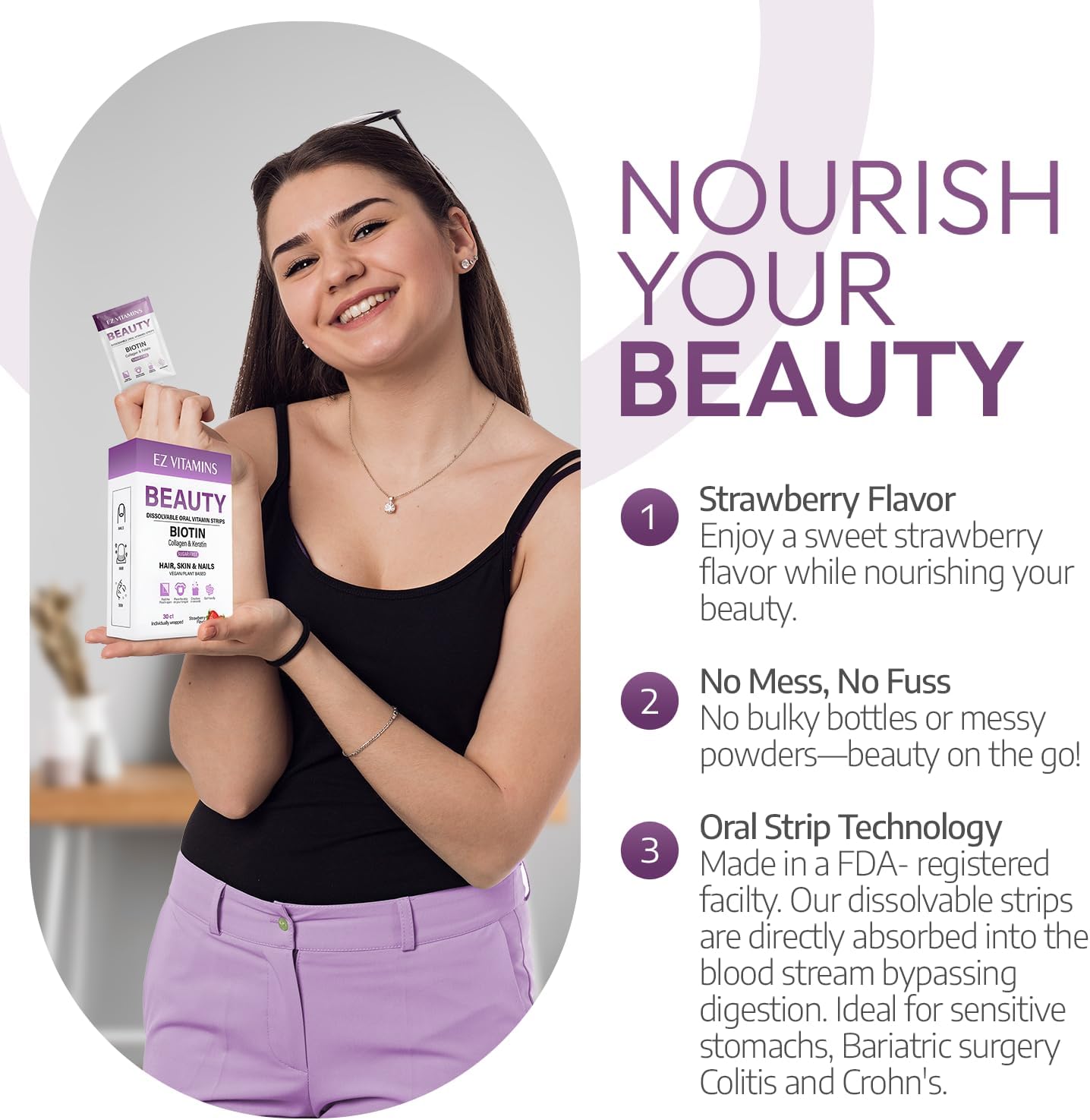 EZ VITAMINS Dissolvable Oral Beauty Strips - Hair, Skin, & Nails