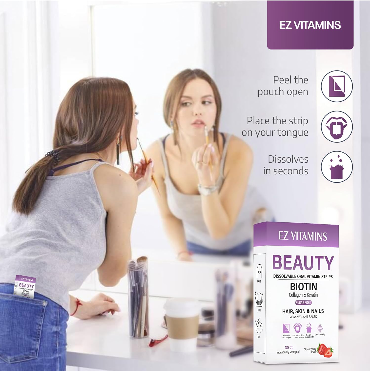 EZ VITAMINS Dissolvable Oral Beauty Strips - Hair, Skin, & Nails