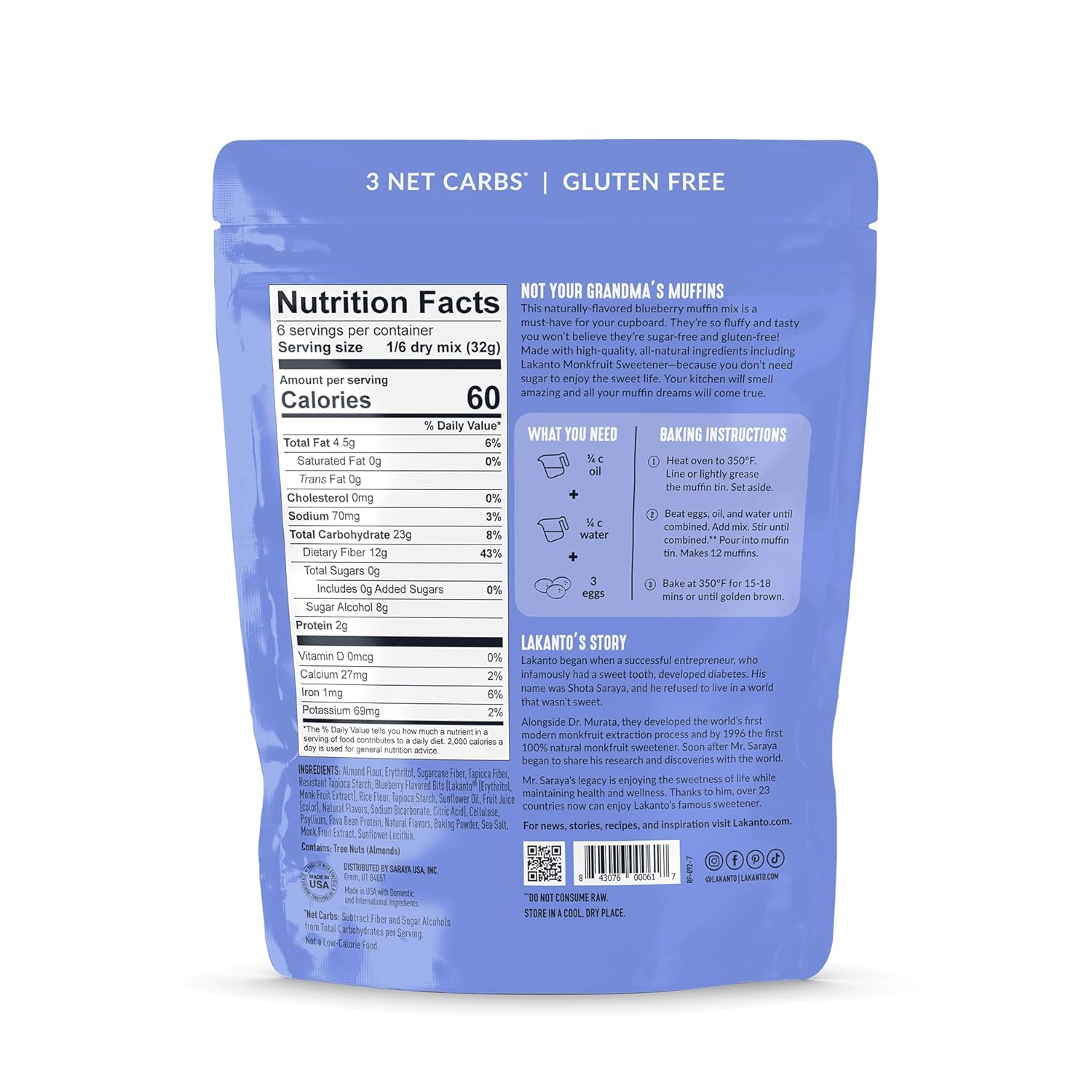 A blue package of muffin mix displays nutrition facts, serving suggestions, and baking instructions, highlighting it as gluten-free and low in carbs, with a note on its natural sweetener ingredients.