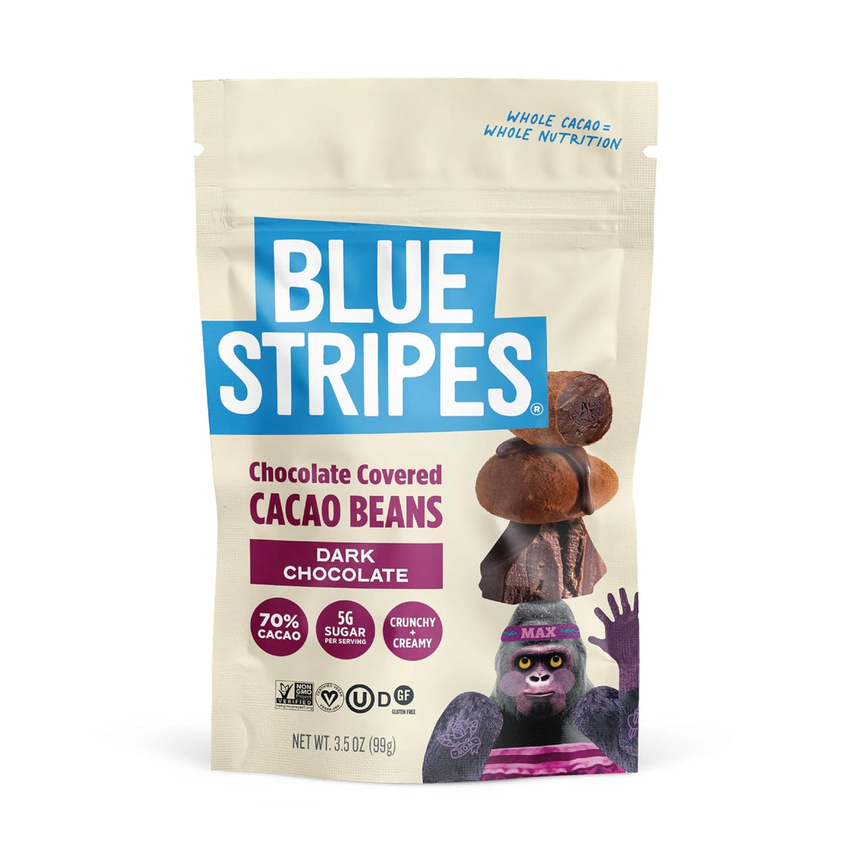 Blue Stripes Chocolate Covered Whole Cacao Beans, 3.5 oz, Dark Chocolate