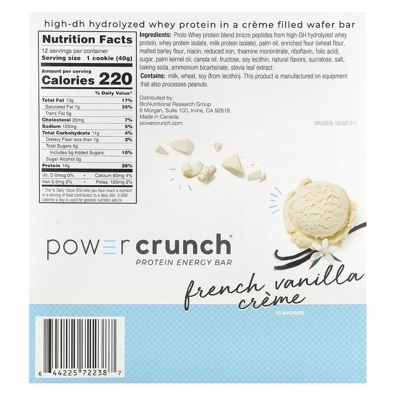 A product packaging for Power Crunch protein energy bar in French vanilla crème flavor, featuring nutrition facts, ingredients, and a visual of vanilla ice cream and white chocolate pieces.