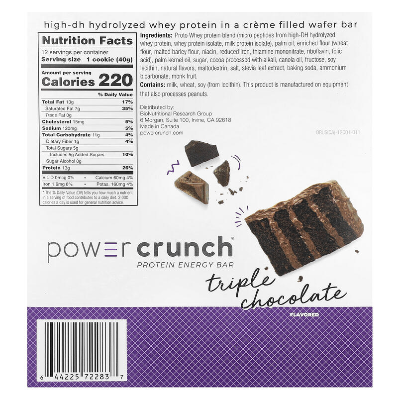 A protein energy bar package labeled "Power Crunch Triple Chocolate" displays nutrition facts and ingredients, featuring a chocolate wafer bar with layers and broken pieces on a white background.