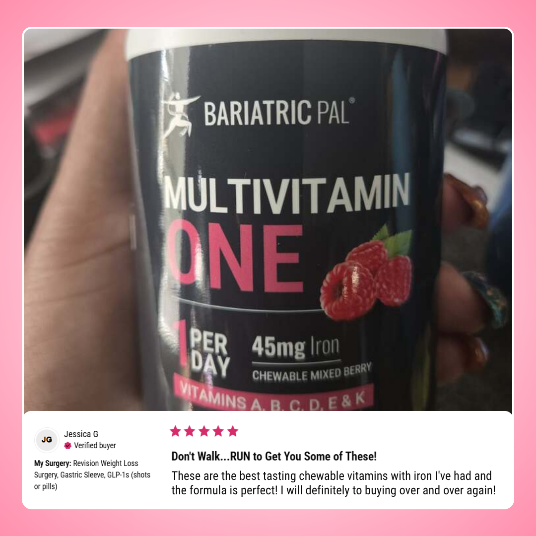 Bottle of Multivitamin ONE per day 45mg iron, chewable mixed berry flavor.