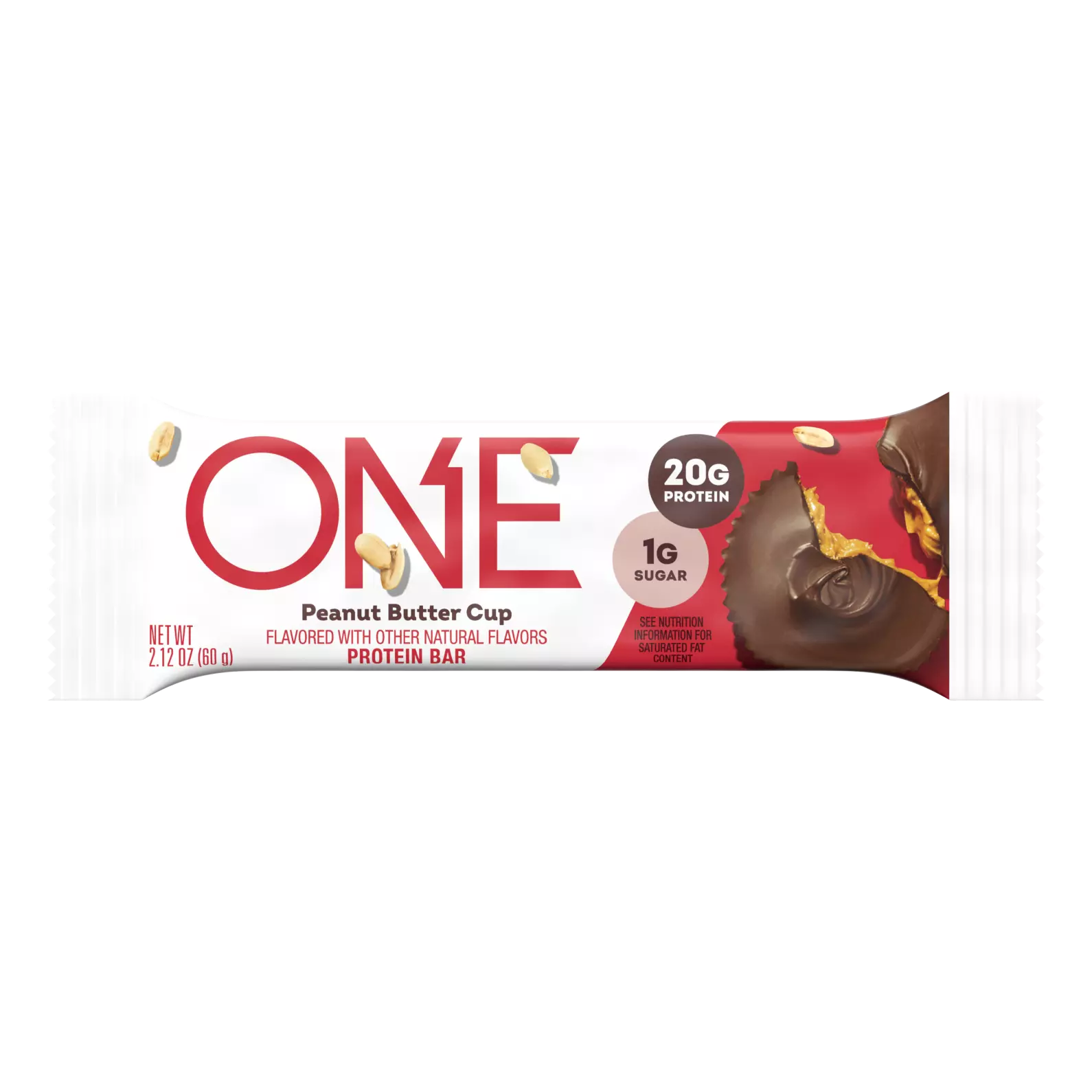 A peanut butter cup protein bar with a white wrapper featuring the word "ONE" in bold red letters, highlighting 20 grams of protein and 1 gram of sugar, with peanuts scattered around the packaging.