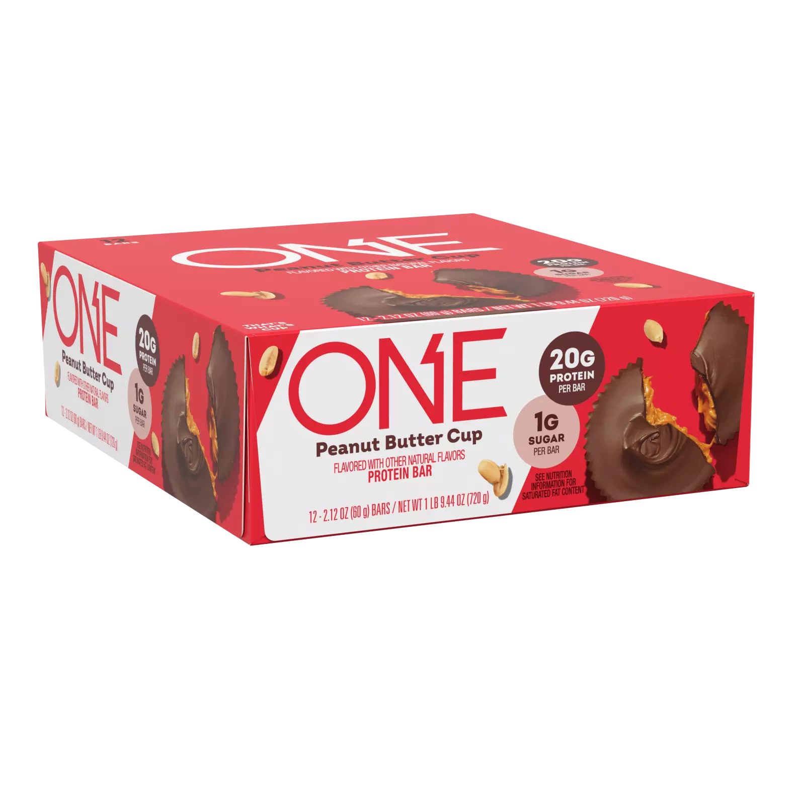 A red box of ONE Peanut Butter Cup protein bars displays 12 bars, highlighting 20 grams of protein and 1 gram of sugar per bar, with a peanut butter filling visible on the top.