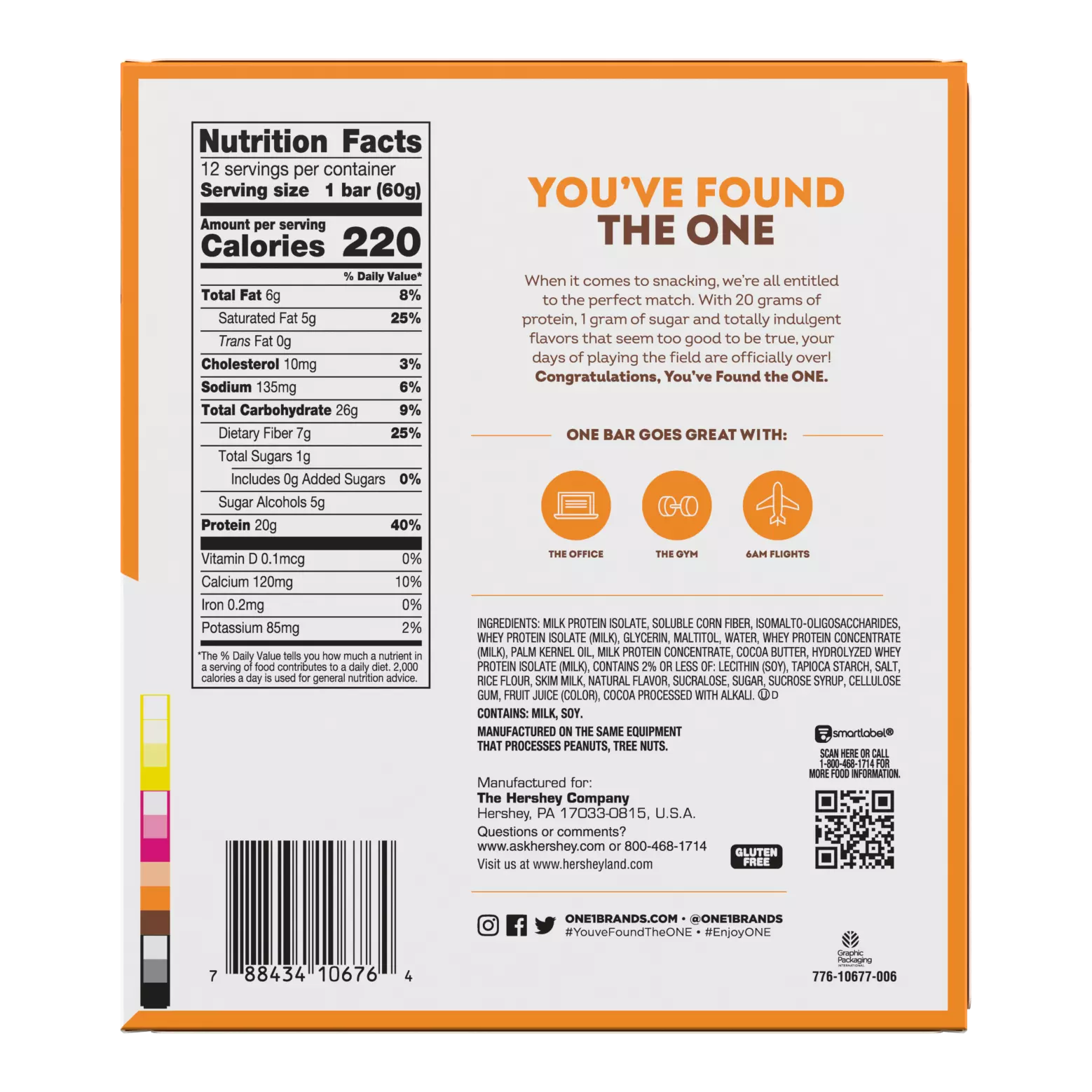 A nutrition facts label on the back of a protein bar box highlights serving size, calories, and nutrients, emphasizing the product's protein content and low sugar, with a playful slogan, "YOU'VE FOUND THE ONE."