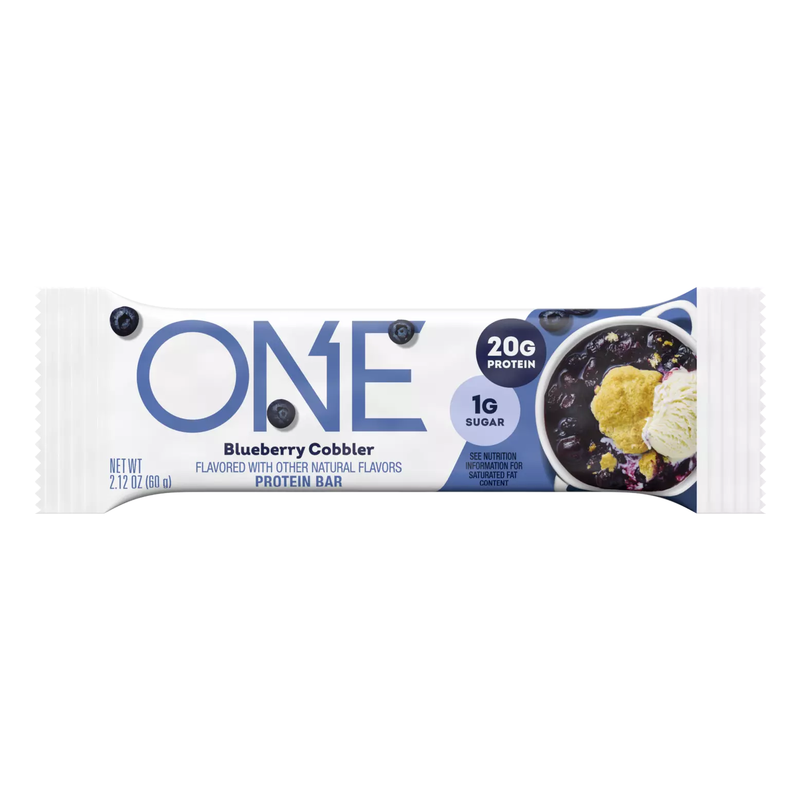 A protein bar wrapper features the title "ONE Blueberry Cobbler," highlighting 20 grams of protein and 1 gram of sugar, with a design that includes blueberries and a cobbler dessert illustration.