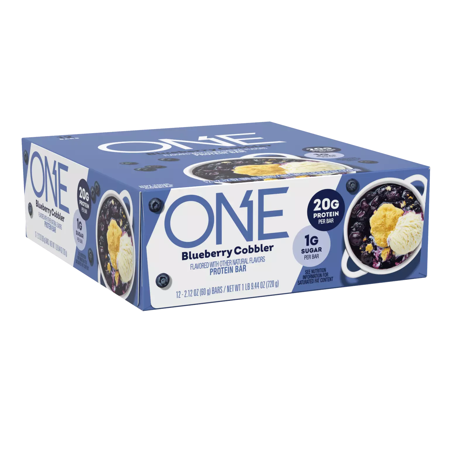 A blue box of ONE Blueberry Cobbler protein bars displays a bowl of blueberry cobbler with ice cream, highlighting 20 grams of protein and 1 gram of sugar per bar.