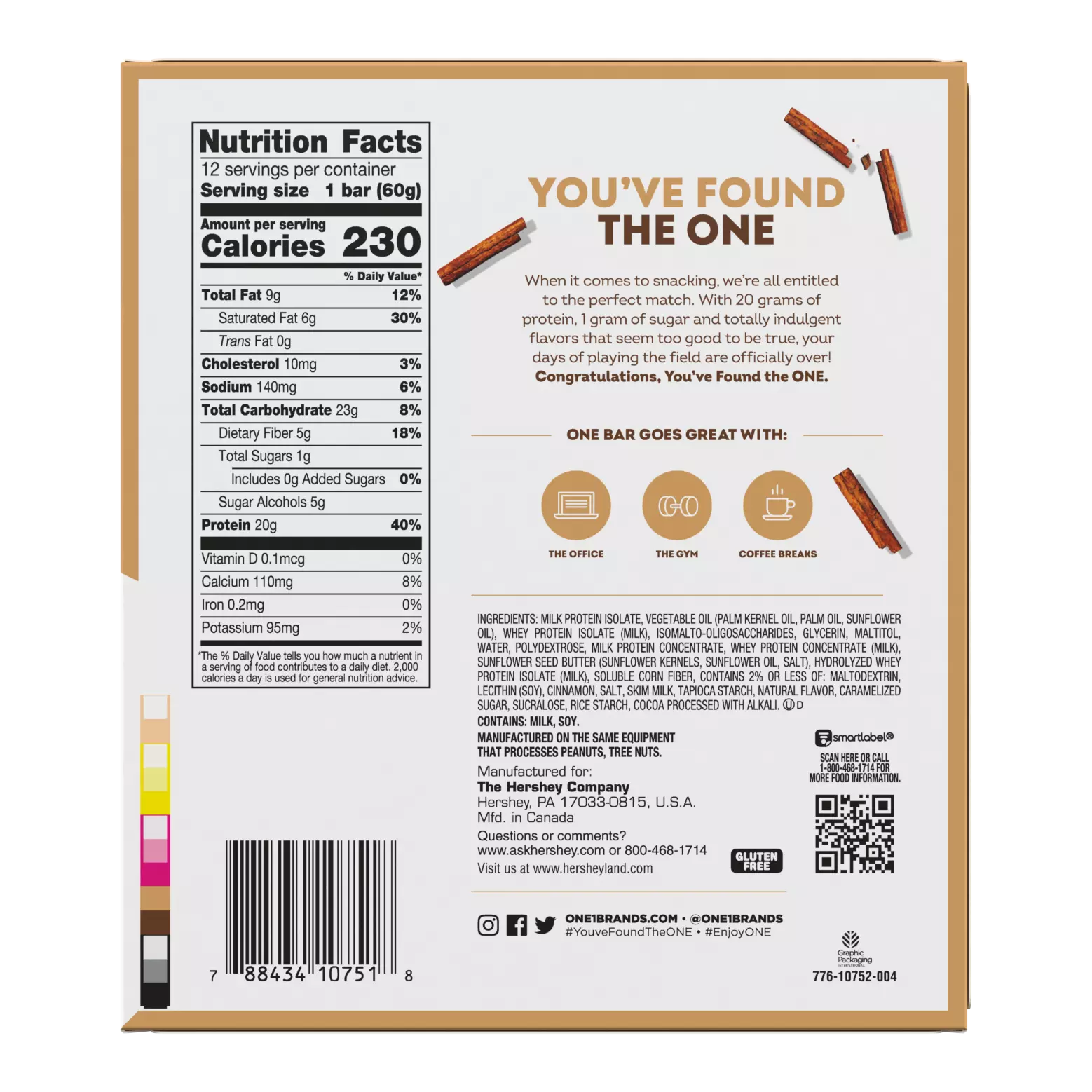 The back of a protein bar package displays nutrition facts, ingredients, and promotional text highlighting its benefits, with a focus on protein content and suggested pairings for consumption.