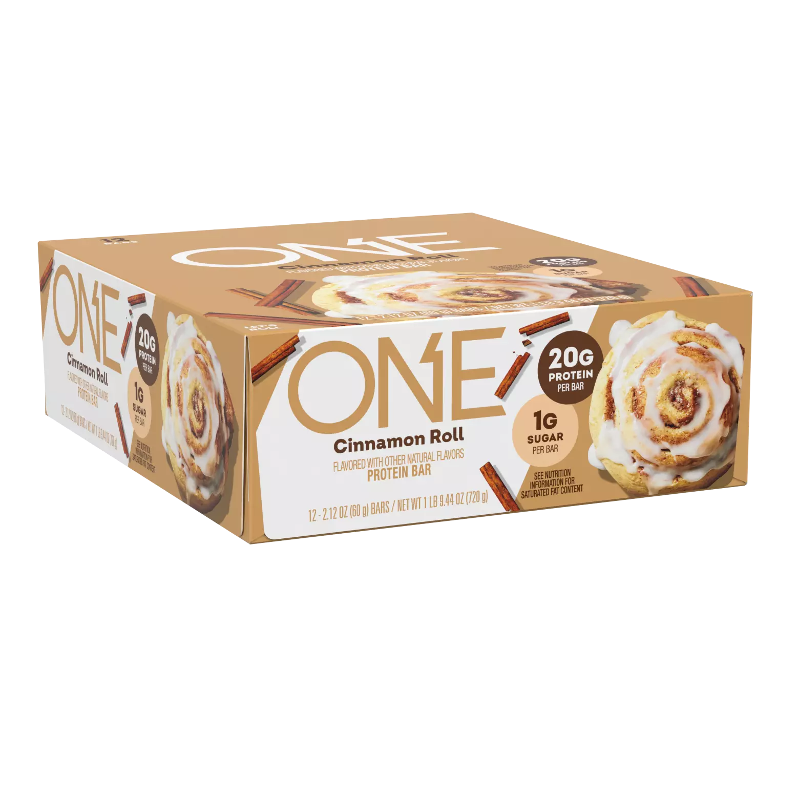 A box of ONE Cinnamon Roll protein bars is displayed, featuring a cinnamon roll image, with details highlighting 20 grams of protein and 1 gram of sugar per bar.