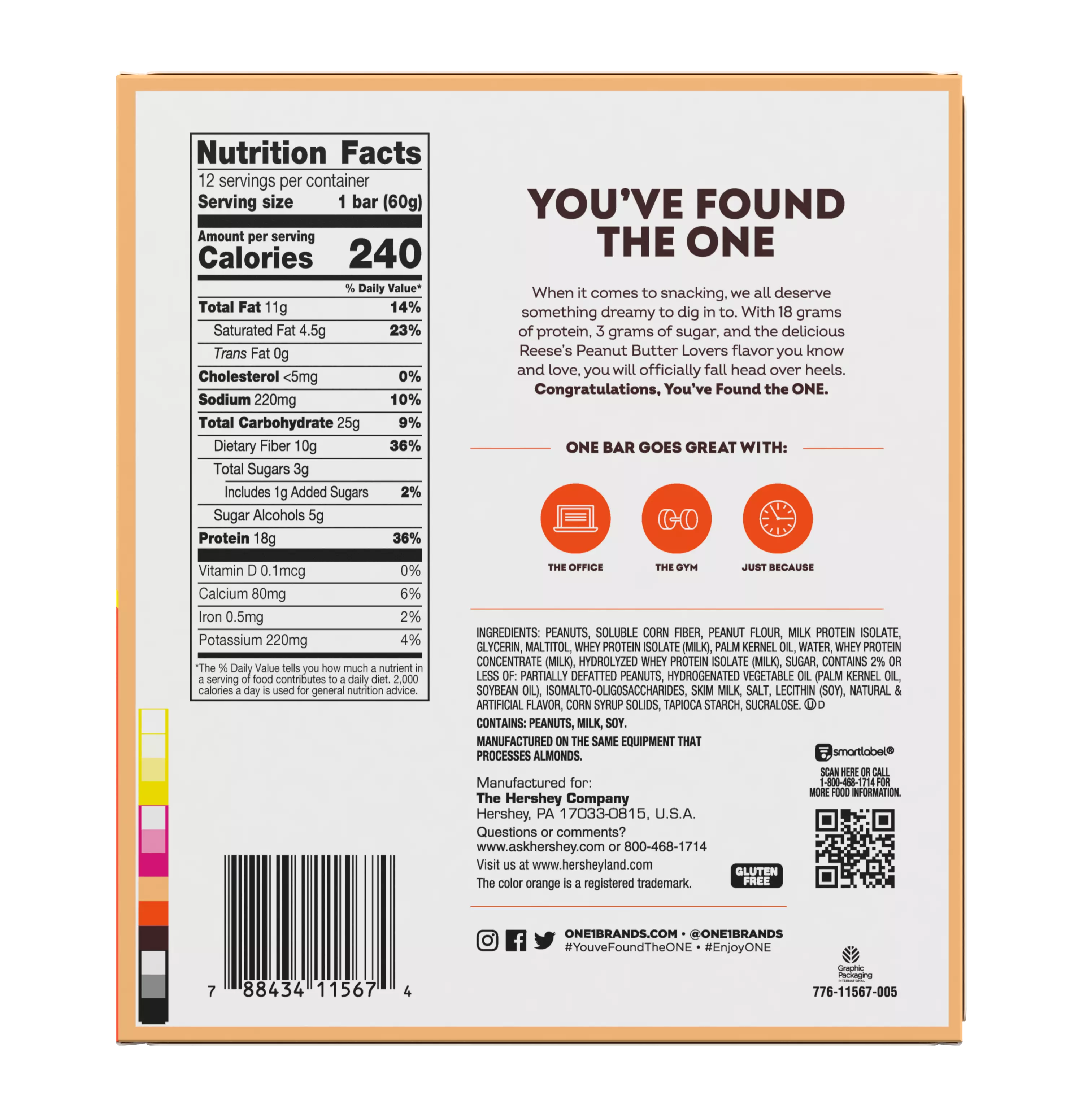 The back of a snack bar box displays nutrition facts, ingredients, and promotional text highlighting the product's protein content and flavor, with suggestions for pairing it with various activities.