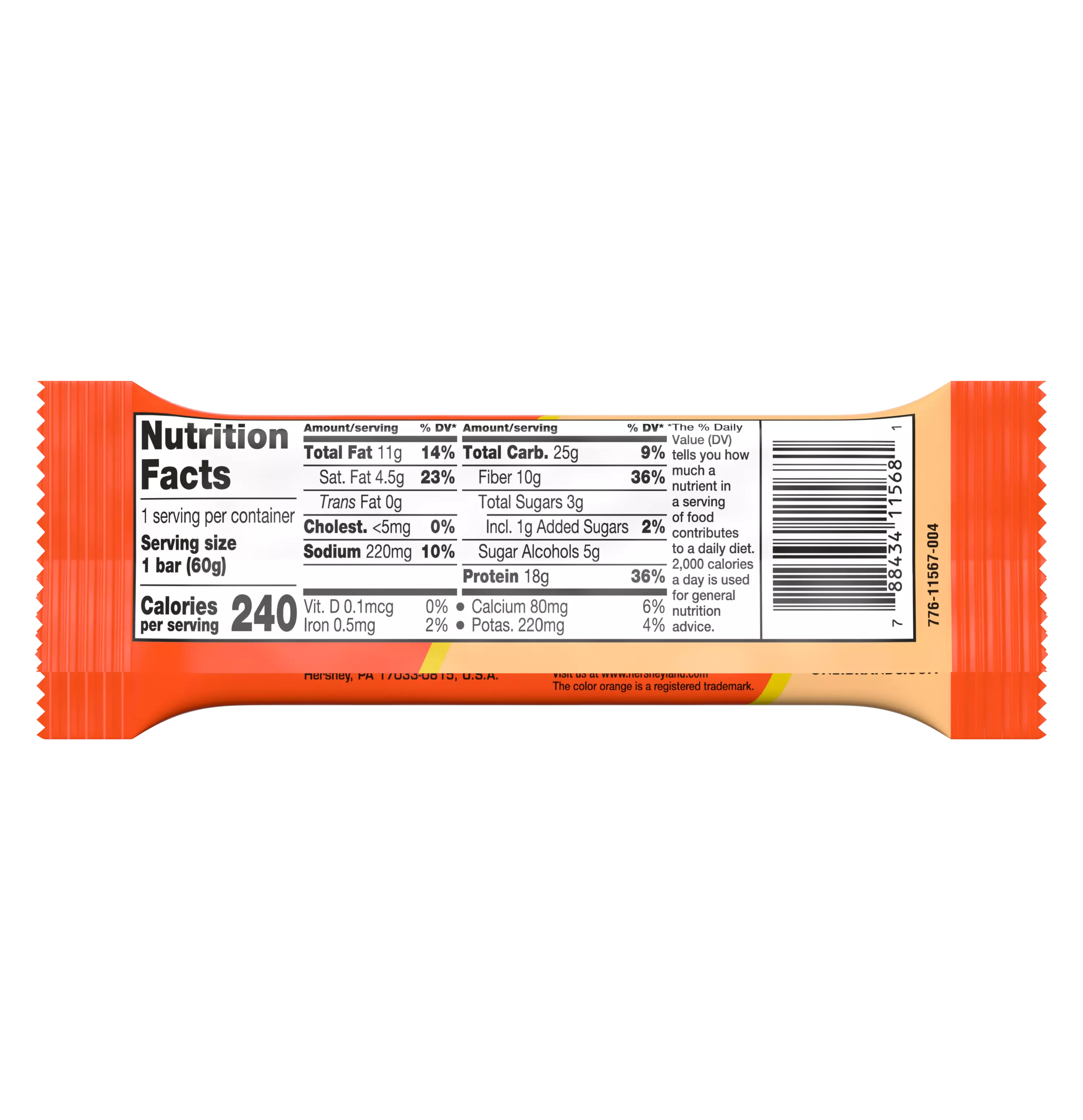 A nutrition facts label on a snack bar wrapper displays serving size, calories, and nutrient information, including total fat, carbohydrates, sugars, and protein content.