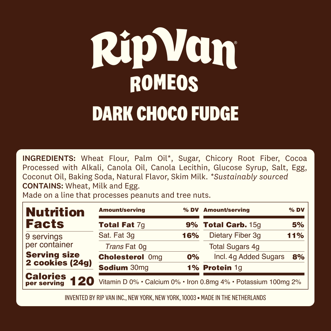 A nutrition label for Rip Van Romeos Dark Choco Fudge, detailing ingredients, serving size, and nutritional information, set against a brown background with the brand logo at the top.