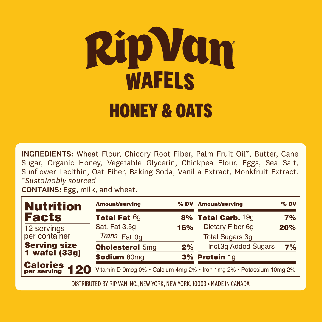A yellow package labeled "Rip Van Wafels Honey & Oats" displays the ingredients and nutrition facts, highlighting its contents of wheat flour, honey, and oats, with a focus on being sustainably sourced.