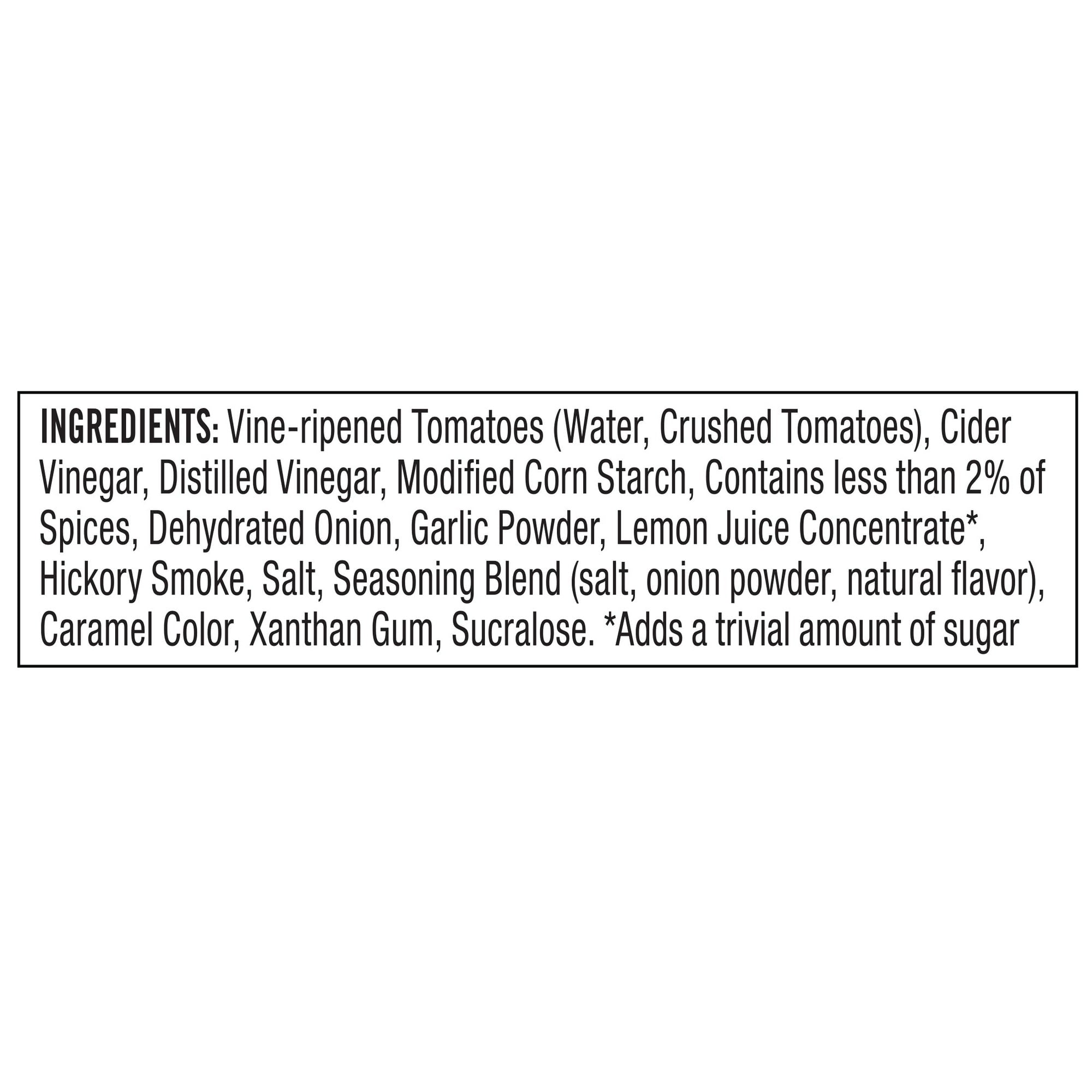 A list of ingredients for a food product, including vine-ripened tomatoes, vinegar, spices, and other components, presented in a clear, organized text format.