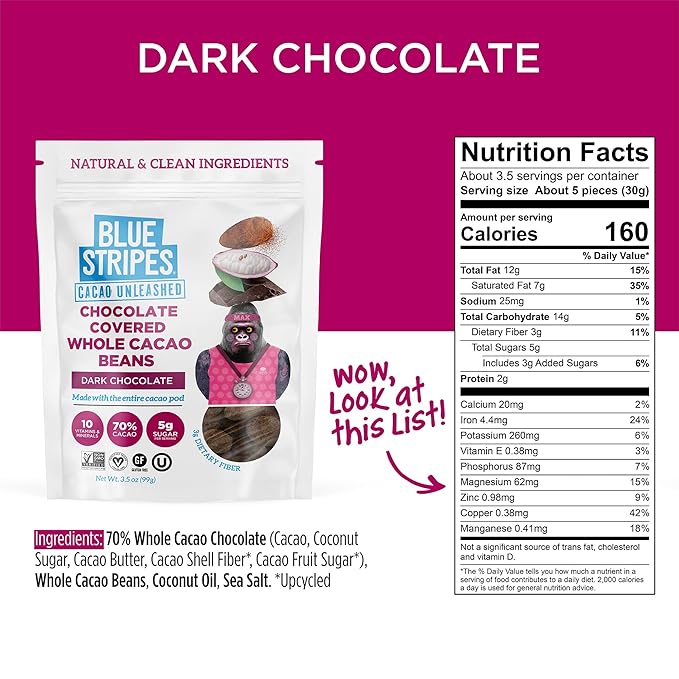 Blue Stripes Chocolate Covered Whole Cacao Beans, 3.5 oz