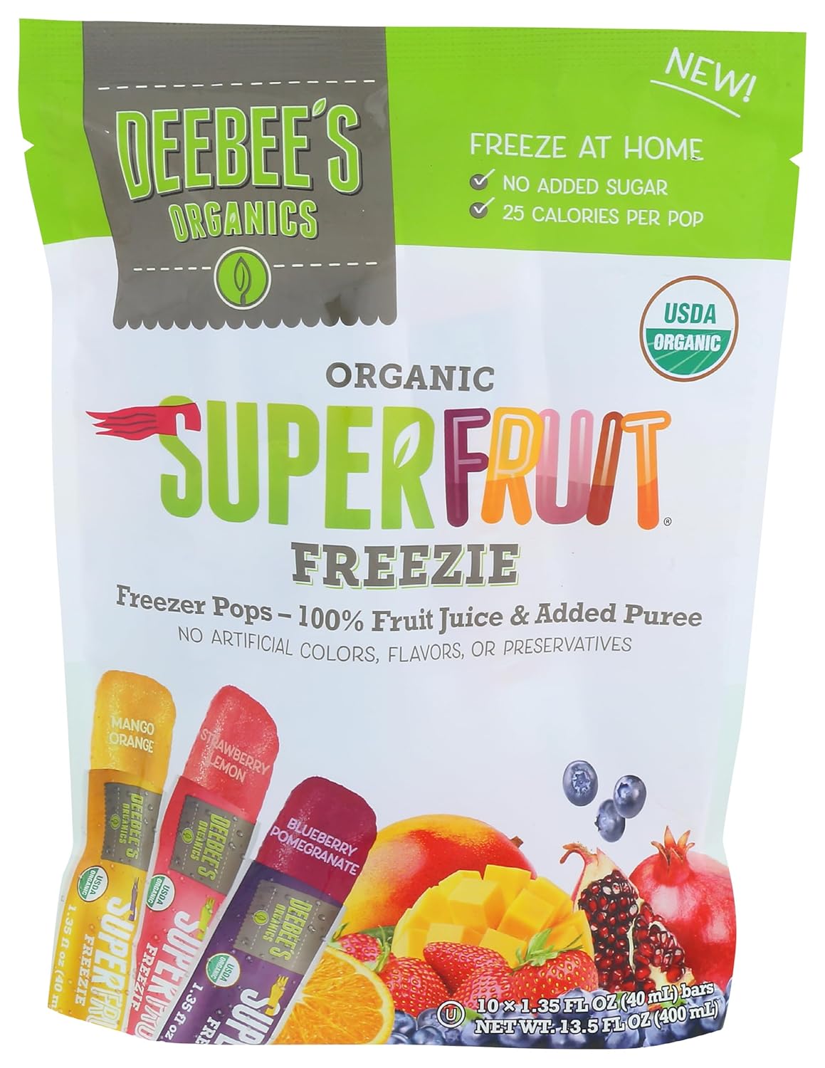 A colorful package of Deebee's Organics Superfruit Freezie, featuring three fruit-flavored freezer pops, highlights their organic ingredients and no added sugar, with vibrant fruit illustrations in the background.