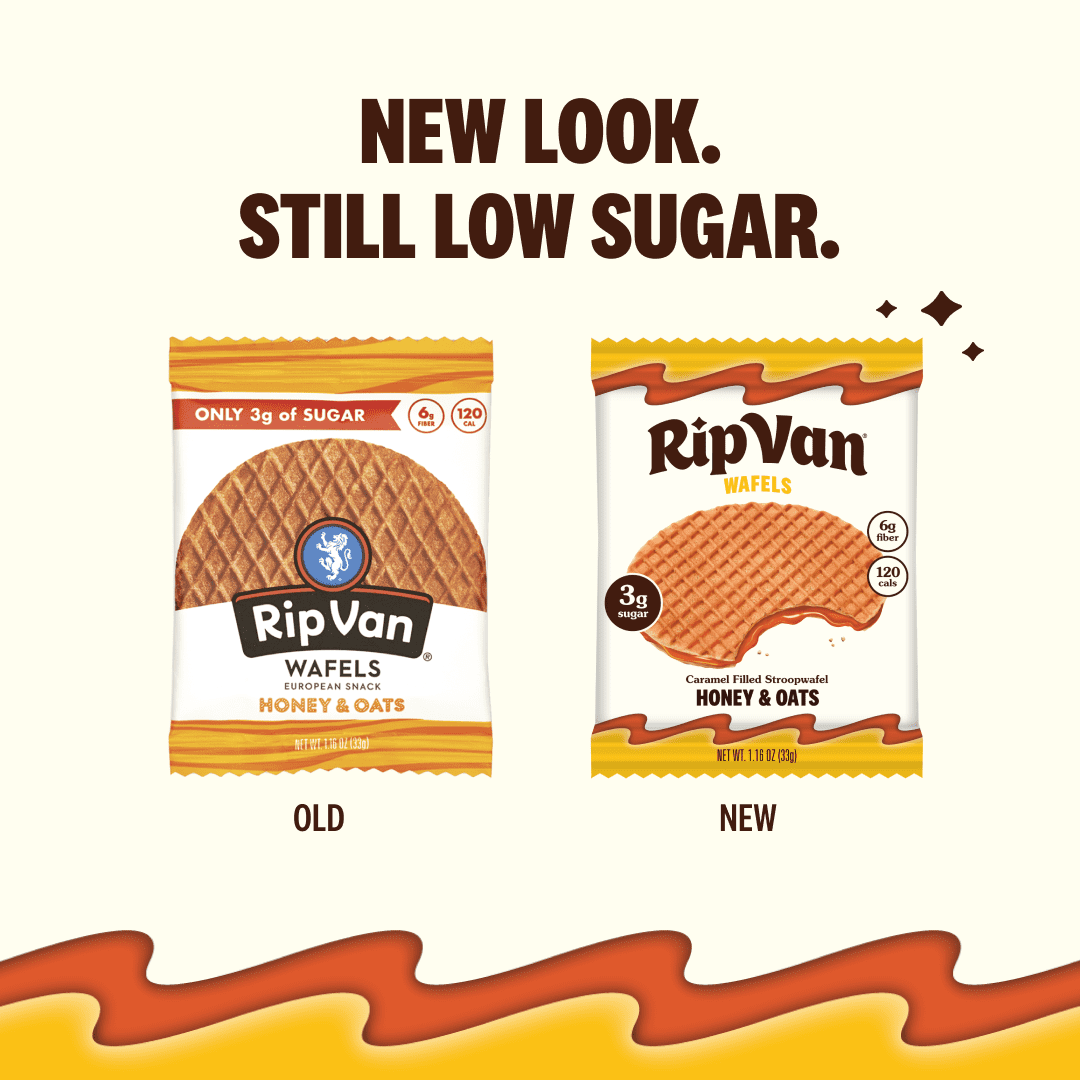 Two packages of RipVan Wafels, one labeled "OLD" and the other "NEW," showcase the updated design for Honey & Oats flavor, highlighting low sugar content and fiber information.