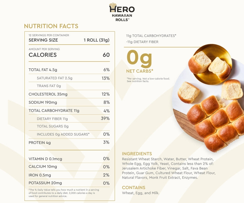 A nutrition facts label for Hero Hawaiian Rolls displays serving size, calories, and nutrient information alongside a plate of soft, golden-brown rolls and a few cut pieces.