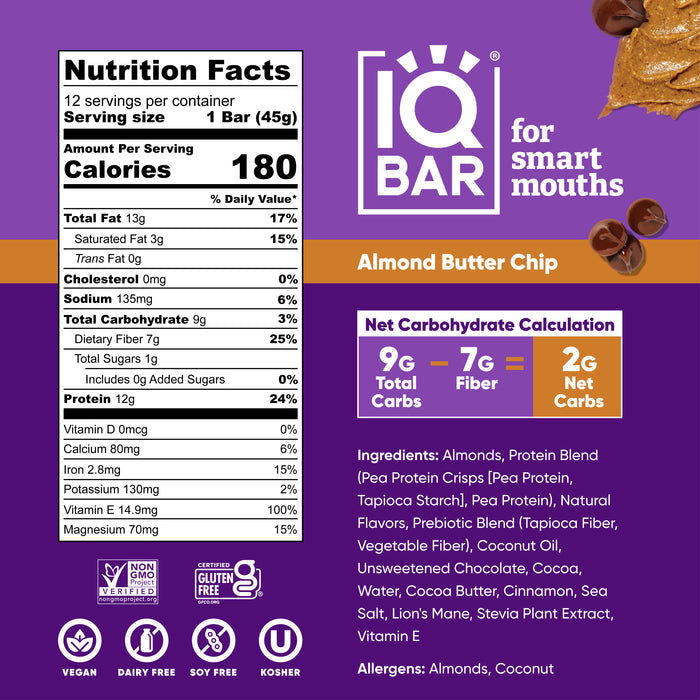 IQBar Vegan and Keto Protein Bars - Almond Butter Chip - High-quality Protein Bars by IQBar at BariatricPal Store