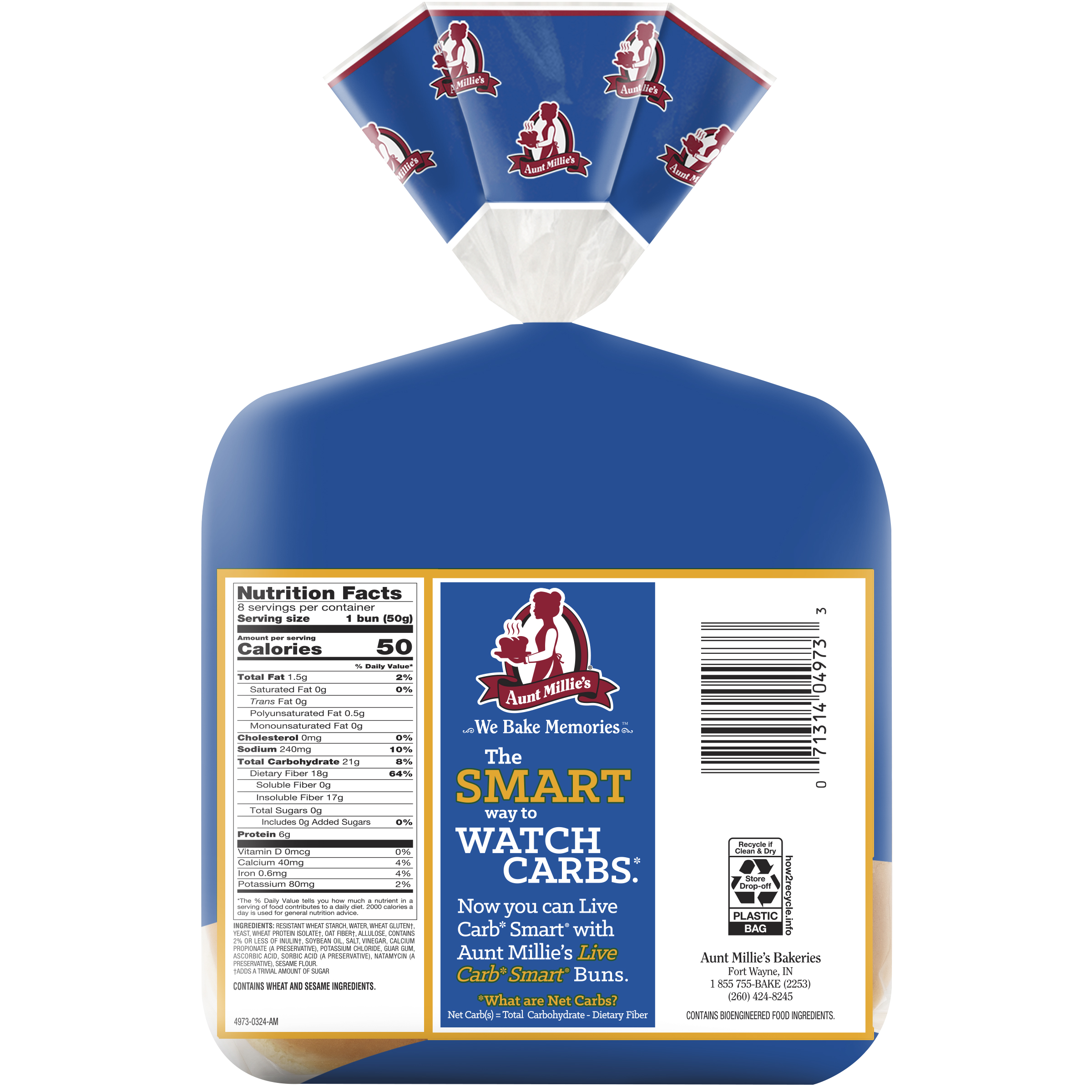 Aunt Millie's Live Carb Smart Hamburger Bun, 8 buns