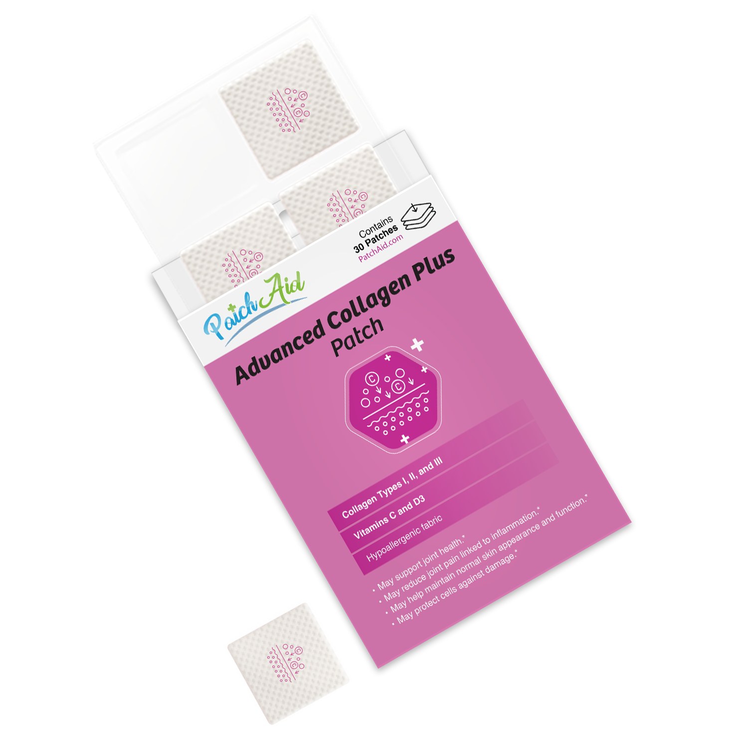 A pink and white packaging for "Advanced Collagen Plus Patch" displays a hexagon graphic and text highlighting its benefits, with one patch partially visible outside the box.