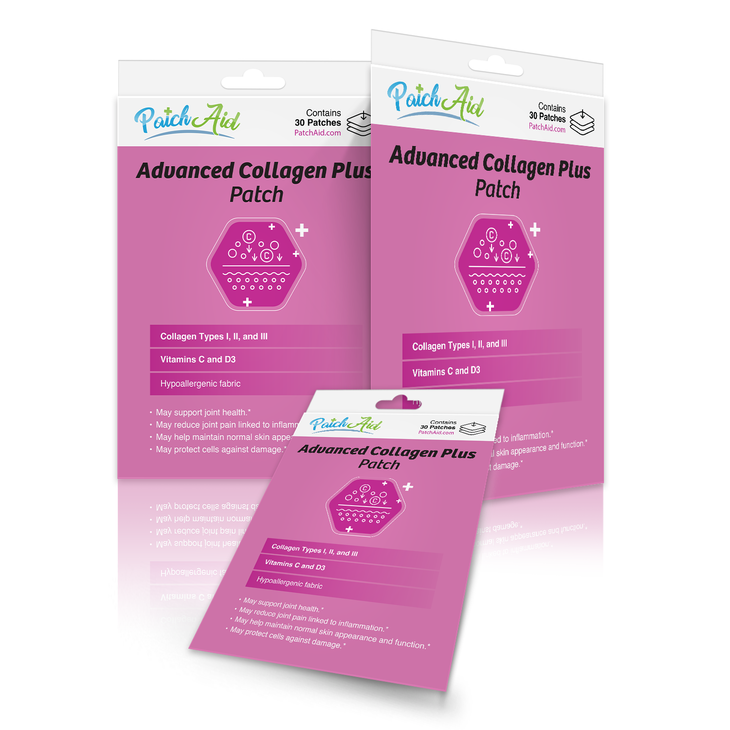 Three packages of "Advanced Collagen Plus Patch" are displayed, featuring a pink background, highlighting benefits like collagen types, vitamins C and D, and hypoallergenic fabric.