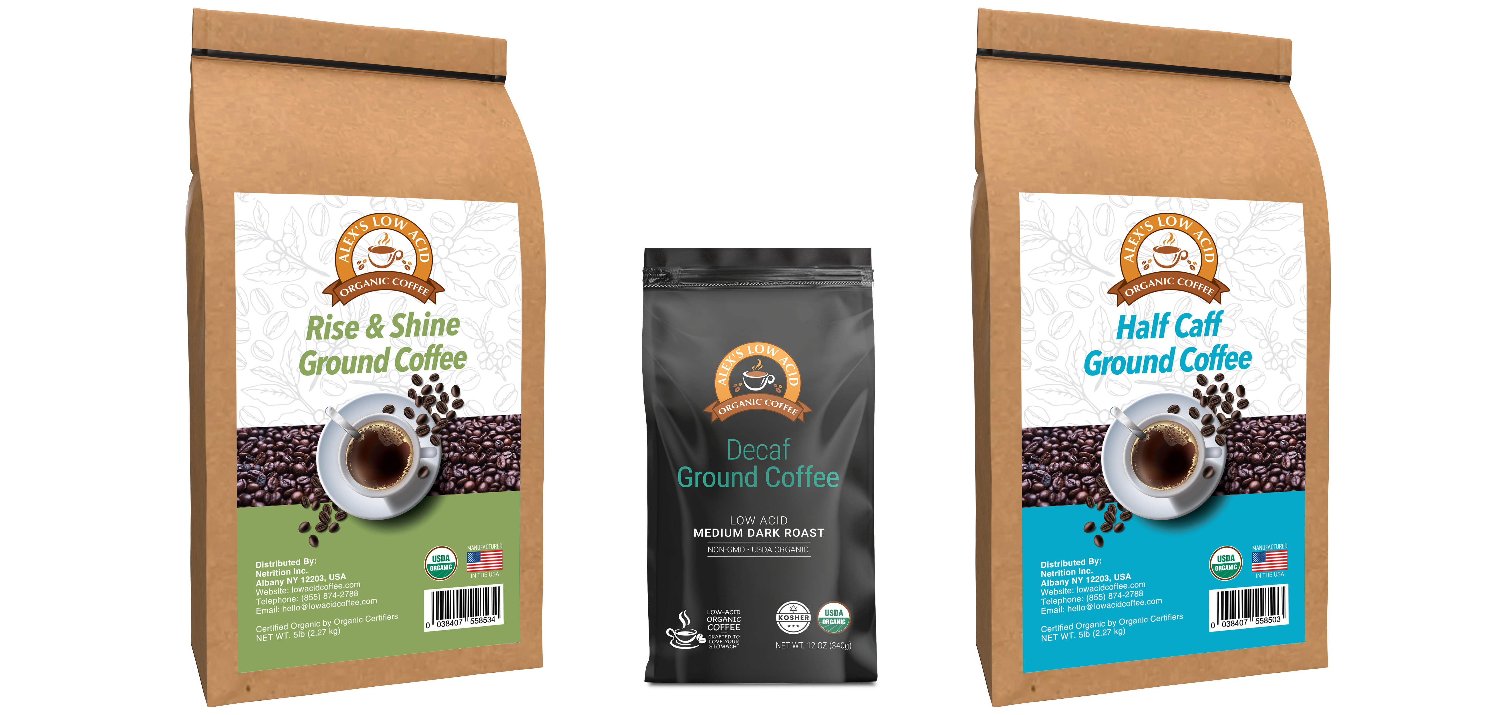 Alex's Low Acid Organic Coffee™ All Day Drinker Fresh Ground Variety Pack
