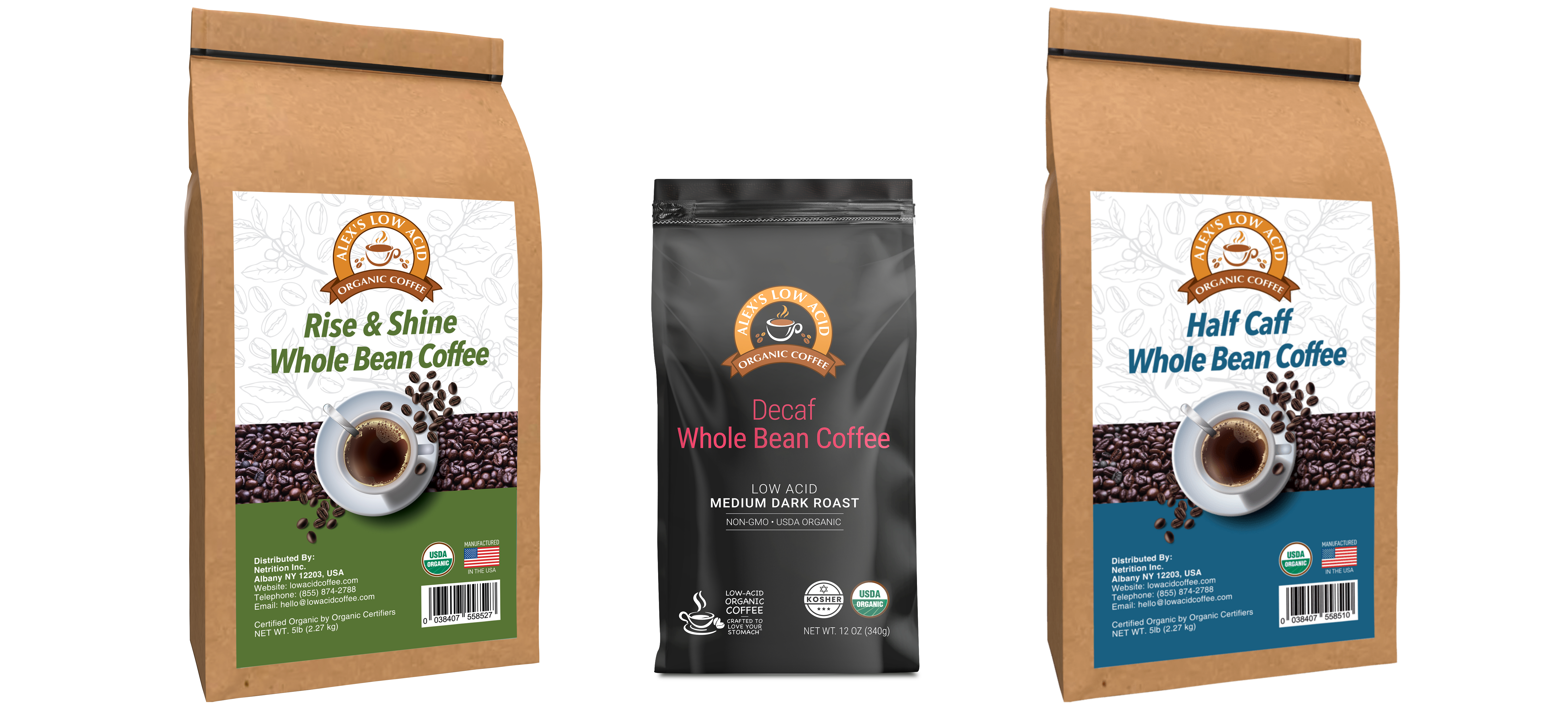 Alex's Low Acid Organic Coffee™ All Day Drinker Whole Bean Variety Pack