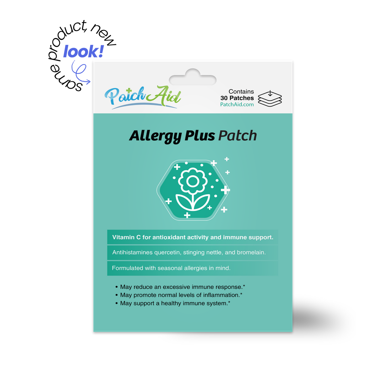 PatchAid Allergy Plus Patch with vitamin C, quercetin, stinging nettle and bromelain for seasonal allergy and immune support. Contains 30 patches.