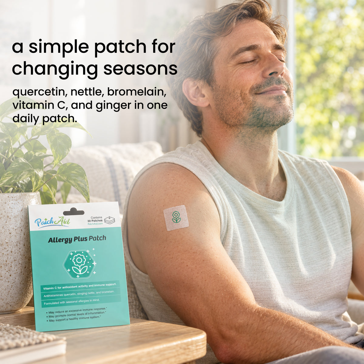PatchAid Allergy Plus Patch with vitamin C, quercetin, stinging nettle and bromelain for seasonal allergy and immune support.