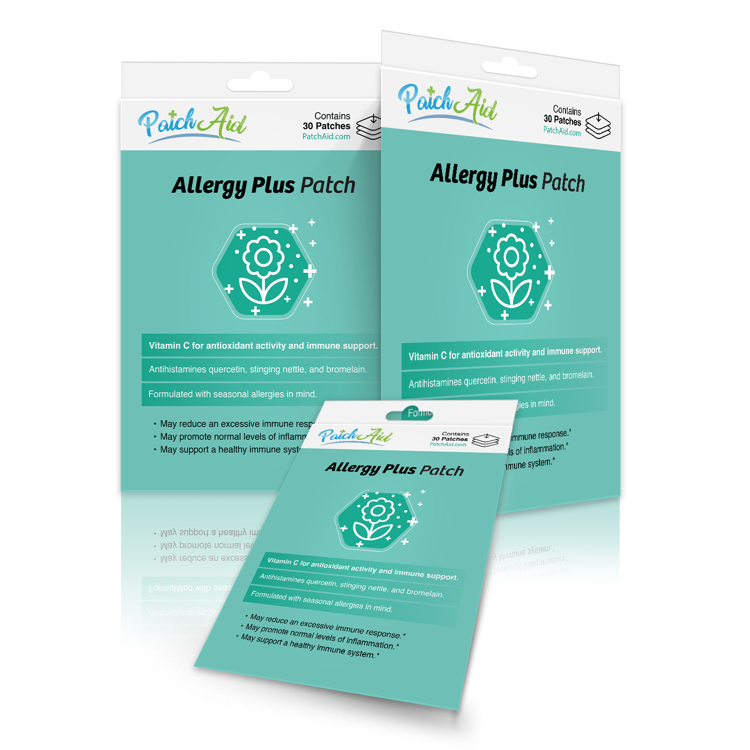 Three packages of Allergy Plus Patch by PatchAid are displayed, featuring a turquoise background, a flower icon, and text highlighting benefits like Vitamin C and support for immune health.
