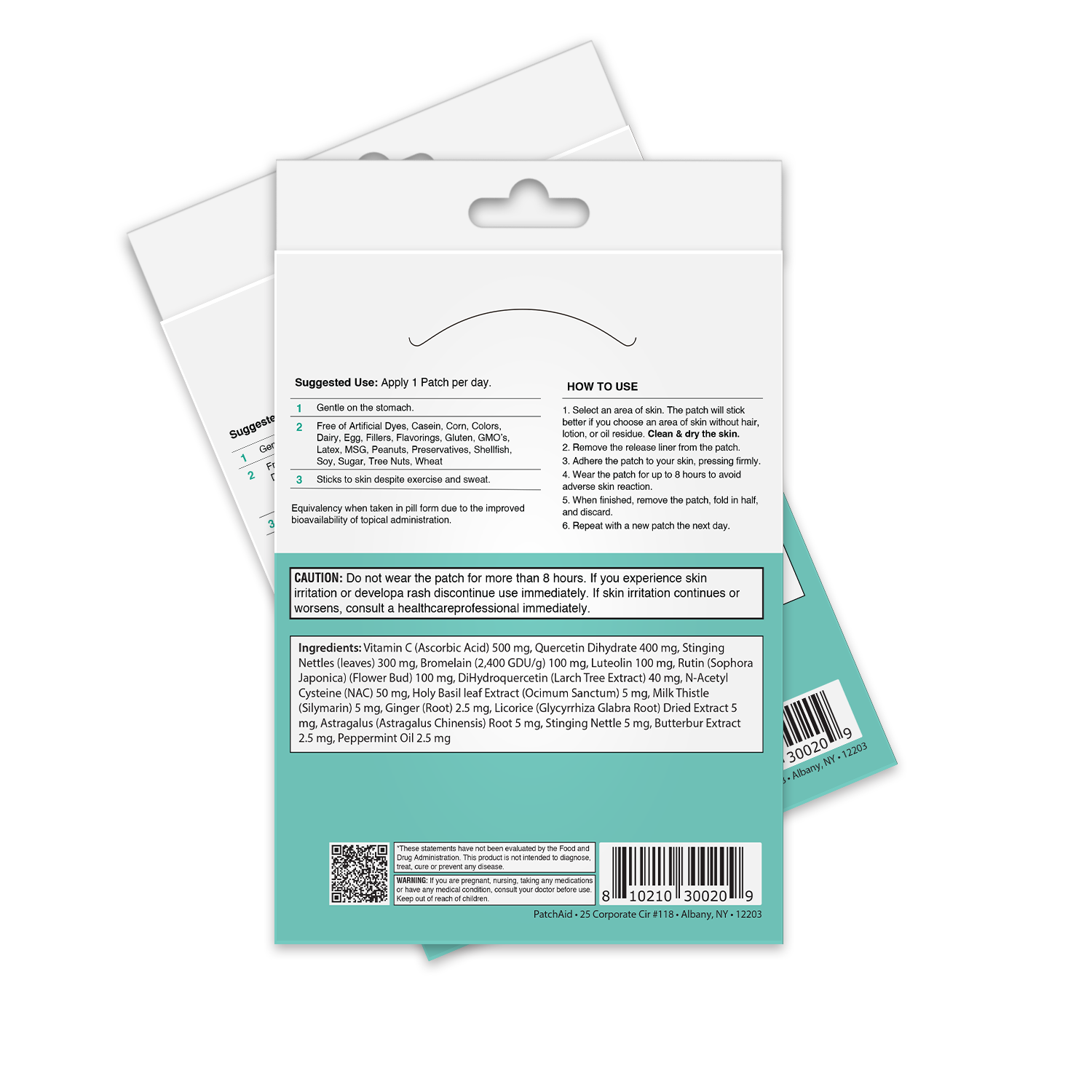 The back of a skincare patch package displays usage instructions, ingredient list, and cautionary notes, with a turquoise and black design featuring text and icons for clarity.