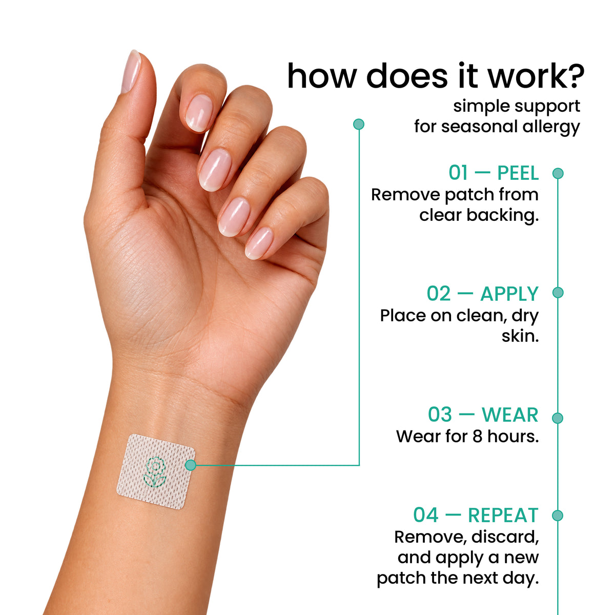 PatchAid Allergy Plus Patch with vitamin C, quercetin, stinging nettle and bromelain for seasonal allergy and immune support. How to apply.