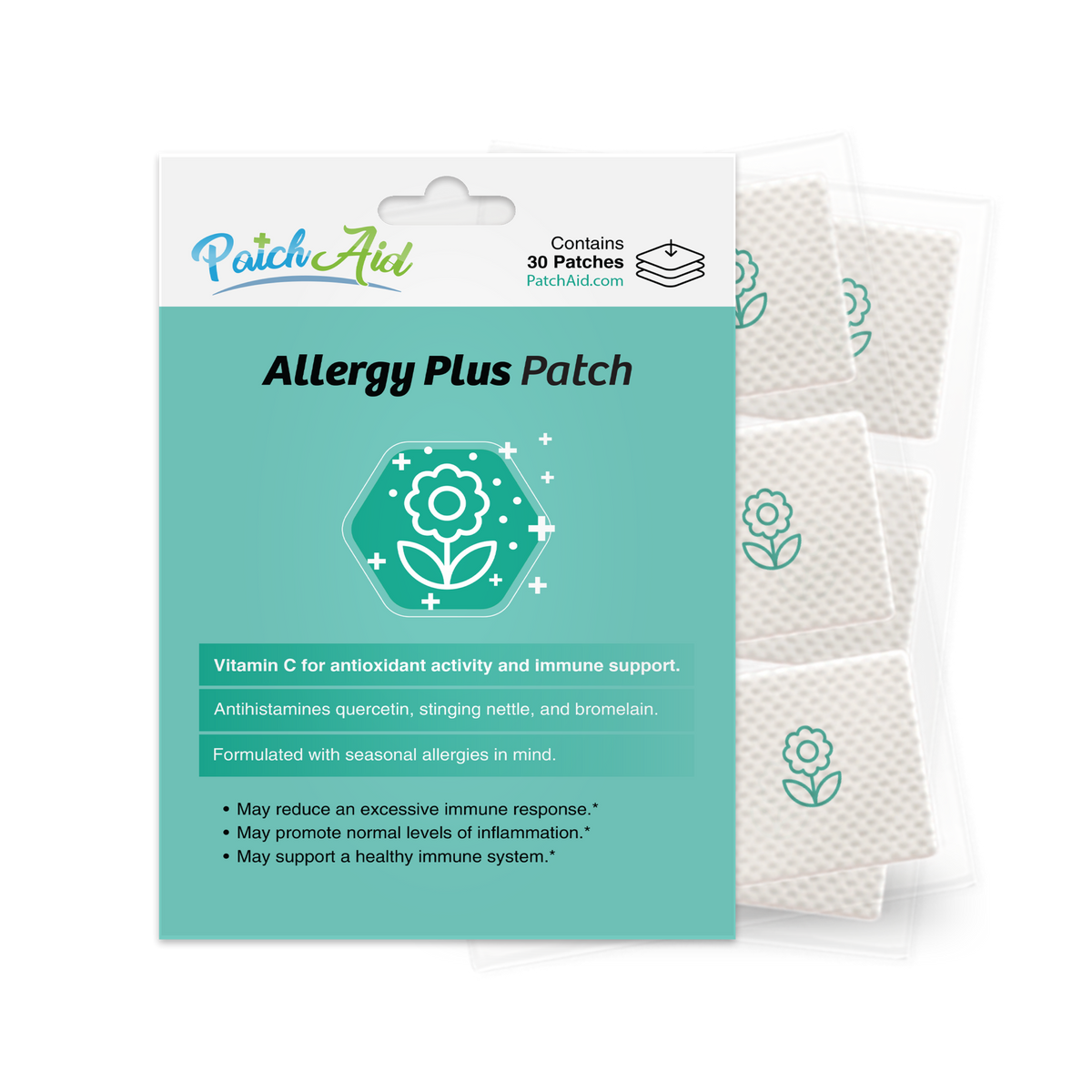PatchAid Allergy Plus Patch with vitamin C, quercetin, stinging nettle and bromelain for seasonal allergy and immune support. Contains 30 patches.