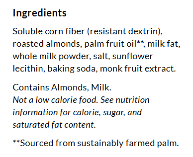 A list of ingredients for a food product, including items like roasted almonds, milk powder, and palm fruit oil, along with allergen information and a note about nutritional content.