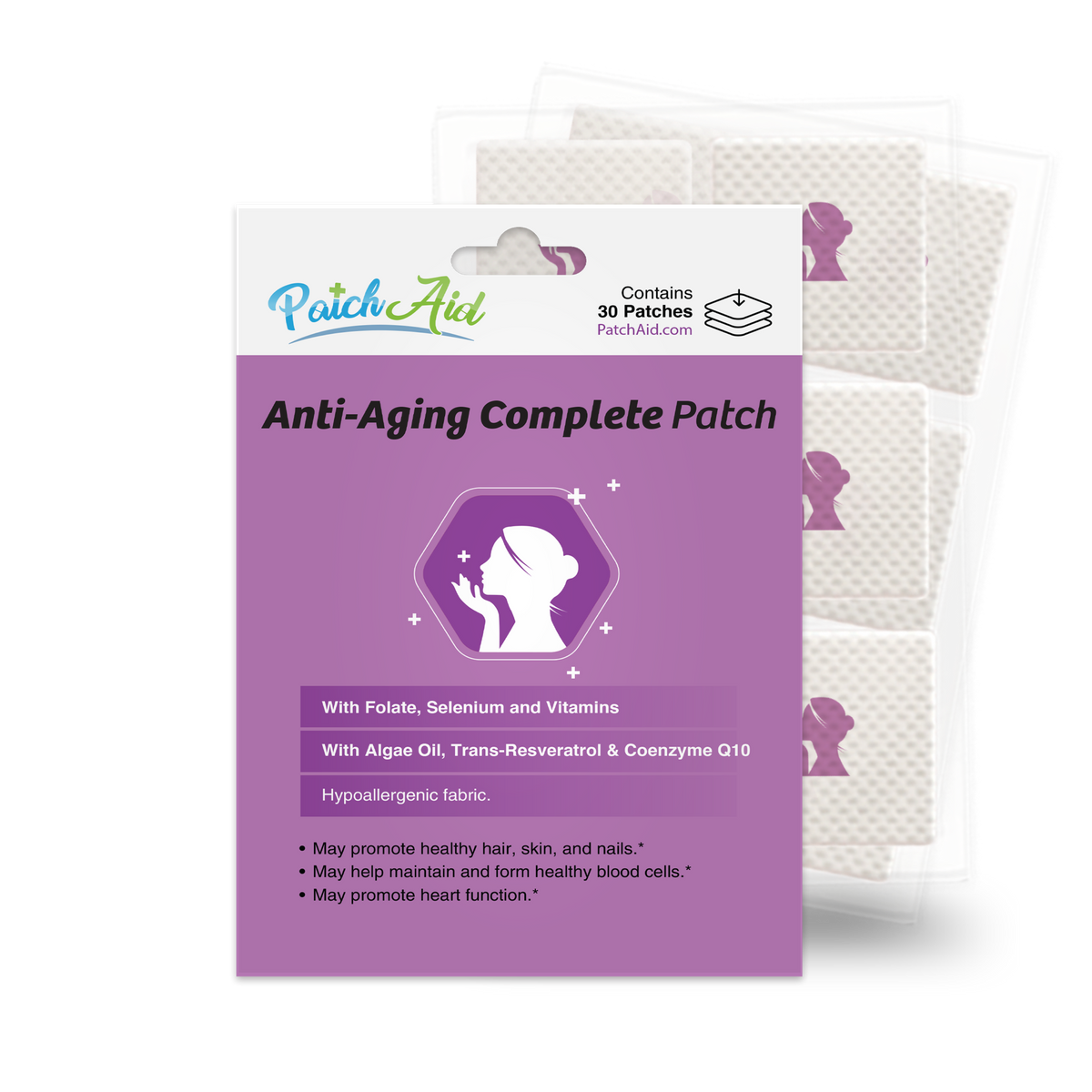 A purple packaging for PatchAid's Anti-Aging Complete Patch displays a silhouette of a woman with a hand on her face, highlighting key ingredients and benefits, alongside multiple patches in the background.